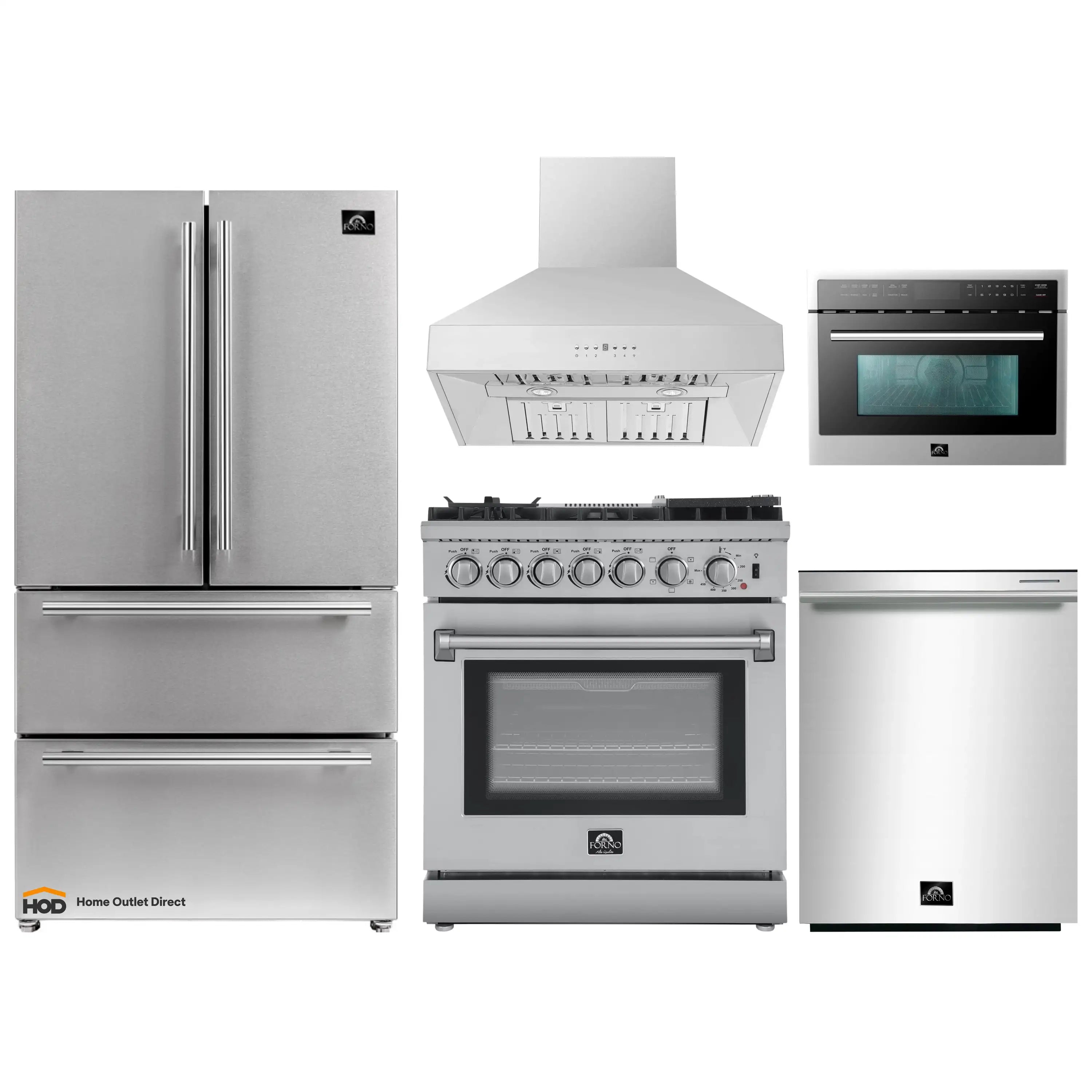 Stainless steel kitchen appliance set: refrigerator, range, wall hood, and microwave