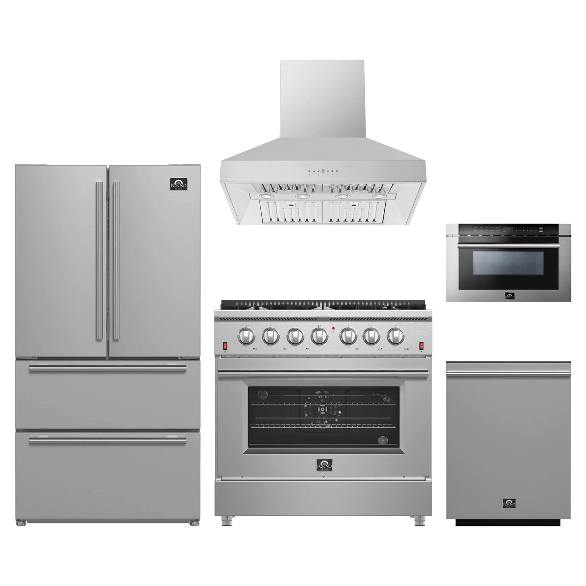 Forno 5-Piece Appliance Package - 36-Inch Gas Range, Refrigerator, Wall Mount Hood, 24-Inch Microwave Drawer, & 3-Rack Dishwasher in Stainless Steel