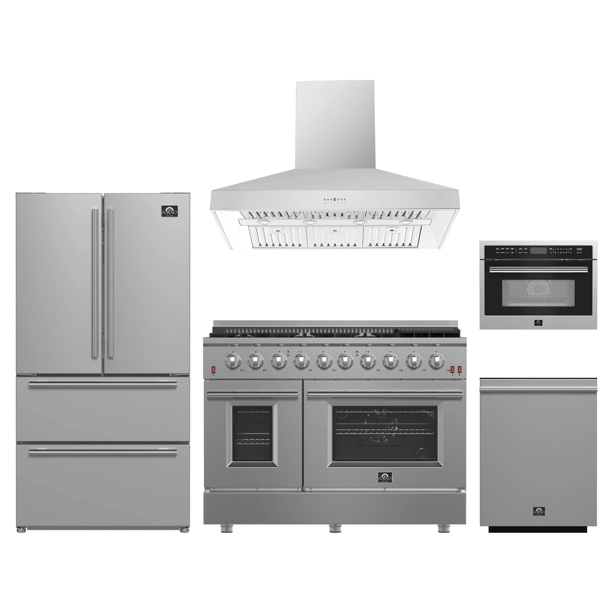 Forno 5-Piece Appliance Package - 48-Inch Gas Range, Refrigerator, Wall Mount Hood, 24-Inch Microwave Oven, & 3-Rack Dishwasher in Stainless Steel