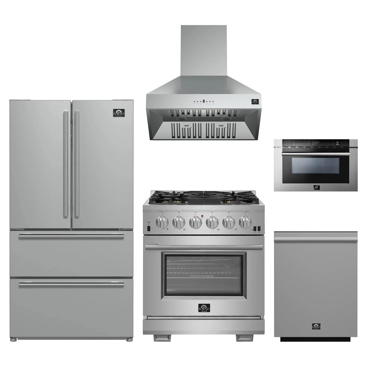 Forno 5-Piece Pro Appliance Package - 30-Inch Gas Range, Refrigerator, Wall Mount Hood, 24-Inch Microwave Drawer, & 3-Rack Dishwasher in Stainless Steel
