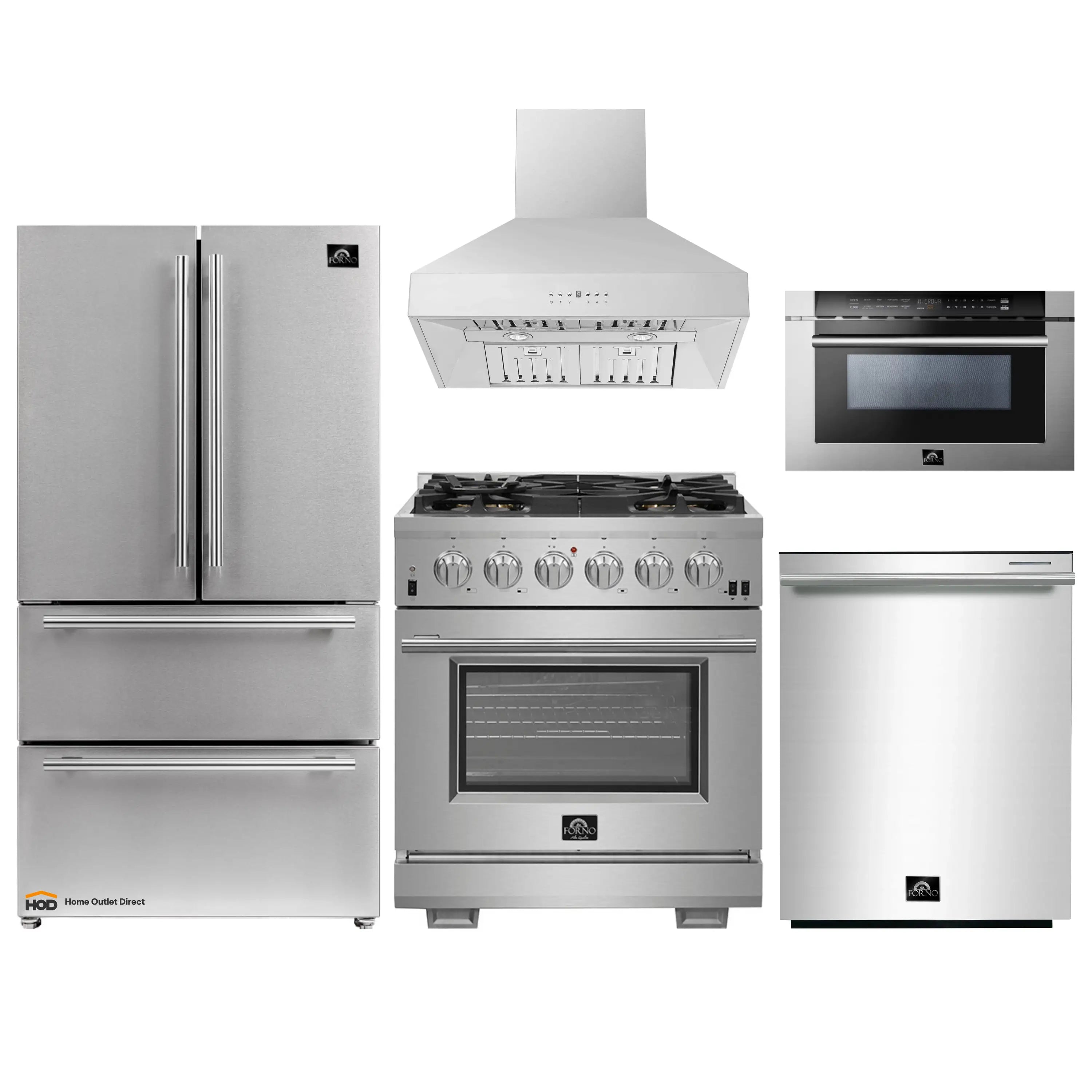 Stainless steel appliance package with refrigerator, gas range, hood, microwave drawer, dishwasher