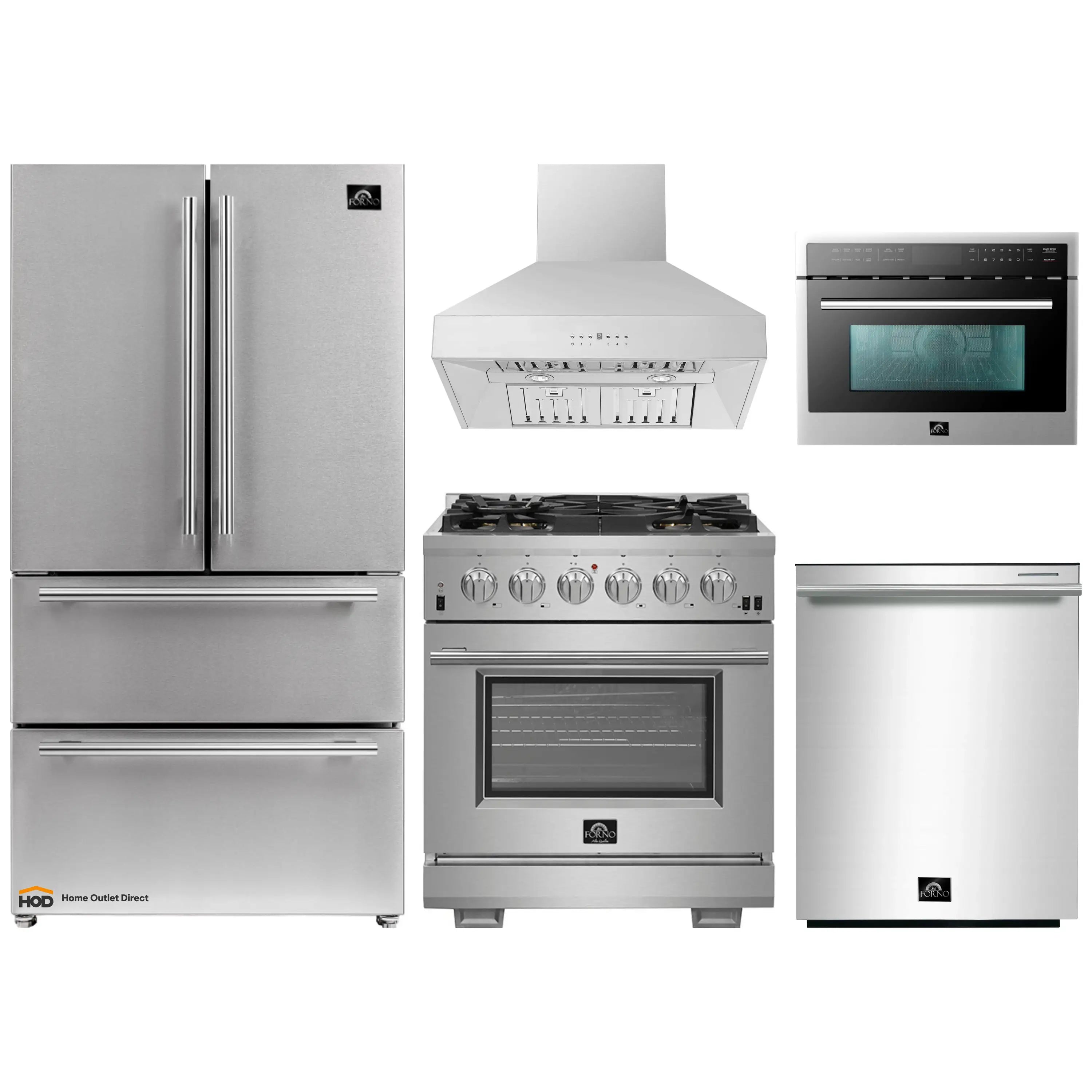 Stainless steel 5-piece kitchen appliance package with range, hood, microwave, refrigerator, dishwasher