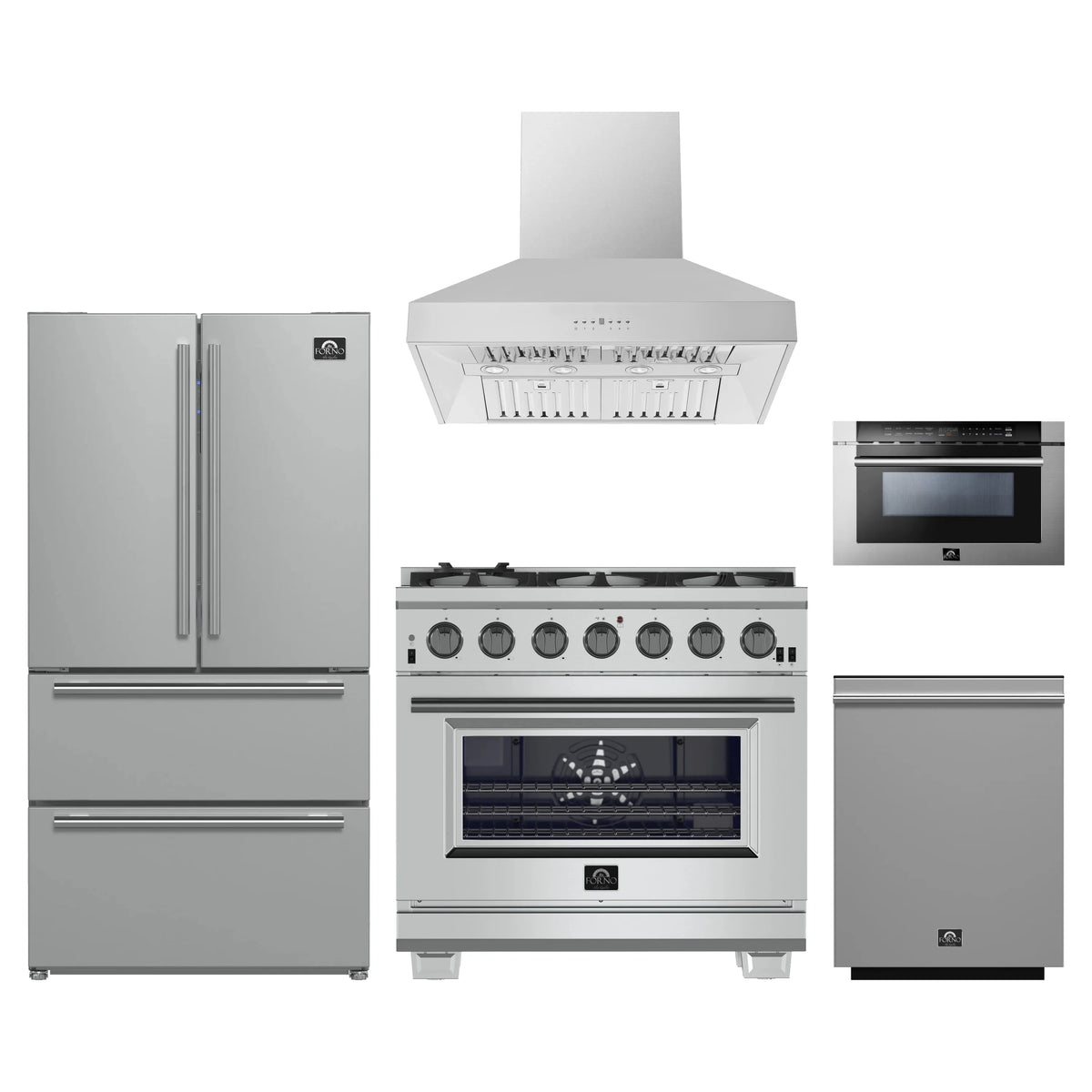 Forno 5-Piece Pro Appliance Package - 36-Inch Gas Range, Refrigerator, Wall Mount Hood, 24-Inch Microwave Drawer, & 3-Rack Dishwasher in Stainless Steel