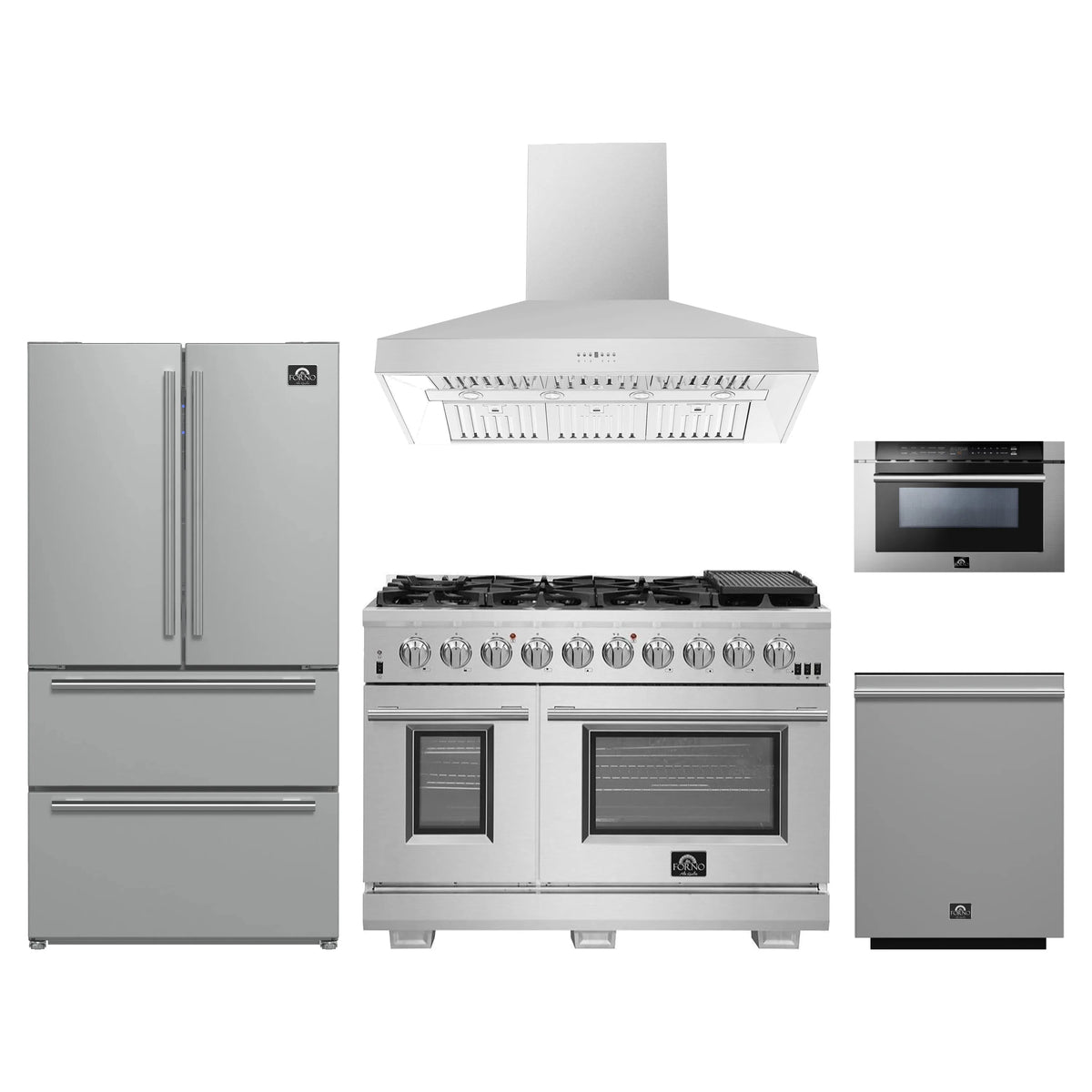 Forno 5-Piece Pro Appliance Package - 48-Inch Gas Range, Refrigerator, Wall Mount Hood, 24-Inch Microwave Drawer, & 3-Rack Dishwasher in Stainless Steel