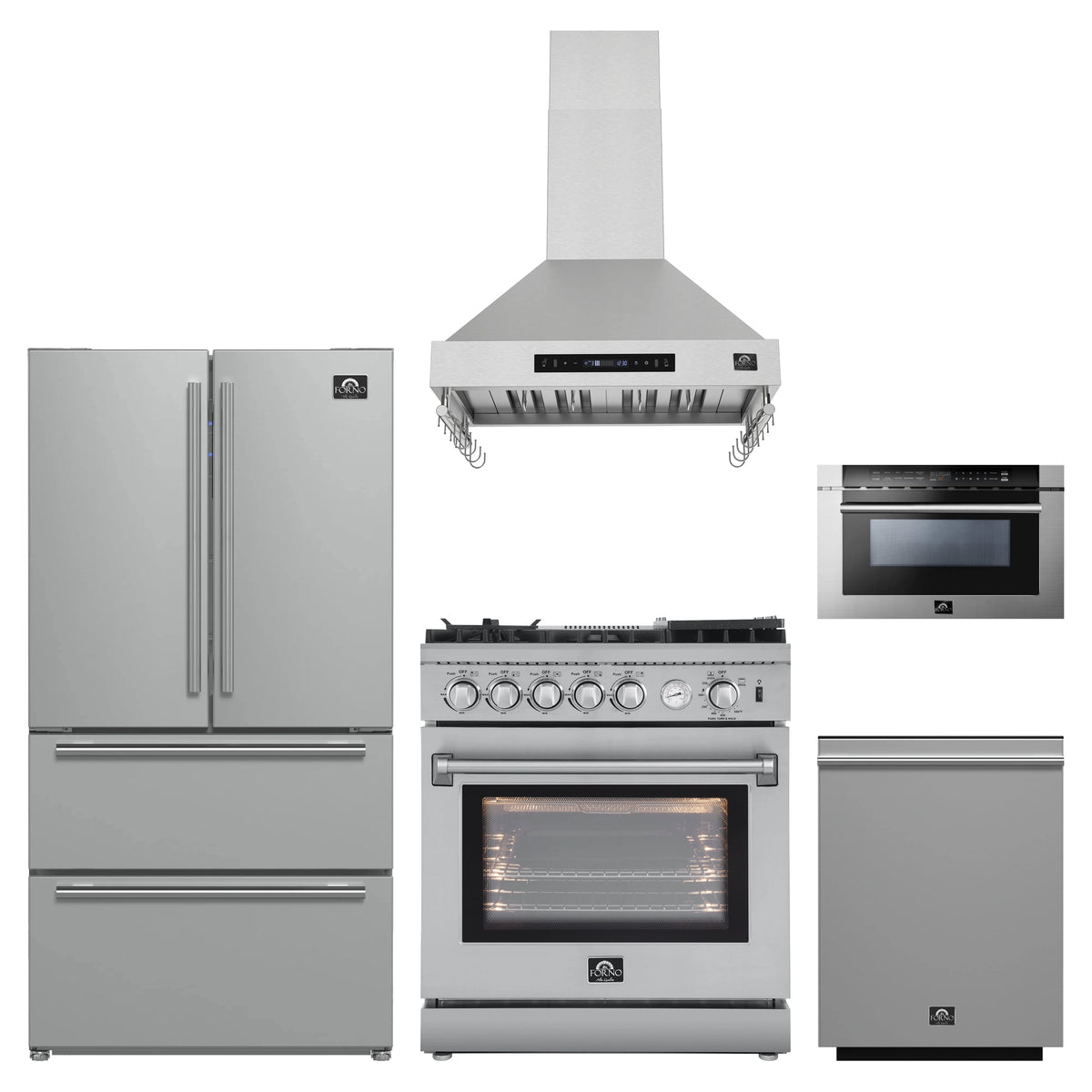 Forno 5-Piece Appliance Package - 30-Inch Gas Range with Air Fryer, Refrigerator, Wall Mount Hood, 24-Inch Microwave Drawer, & 3-Rack Dishwasher in Stainless Steel