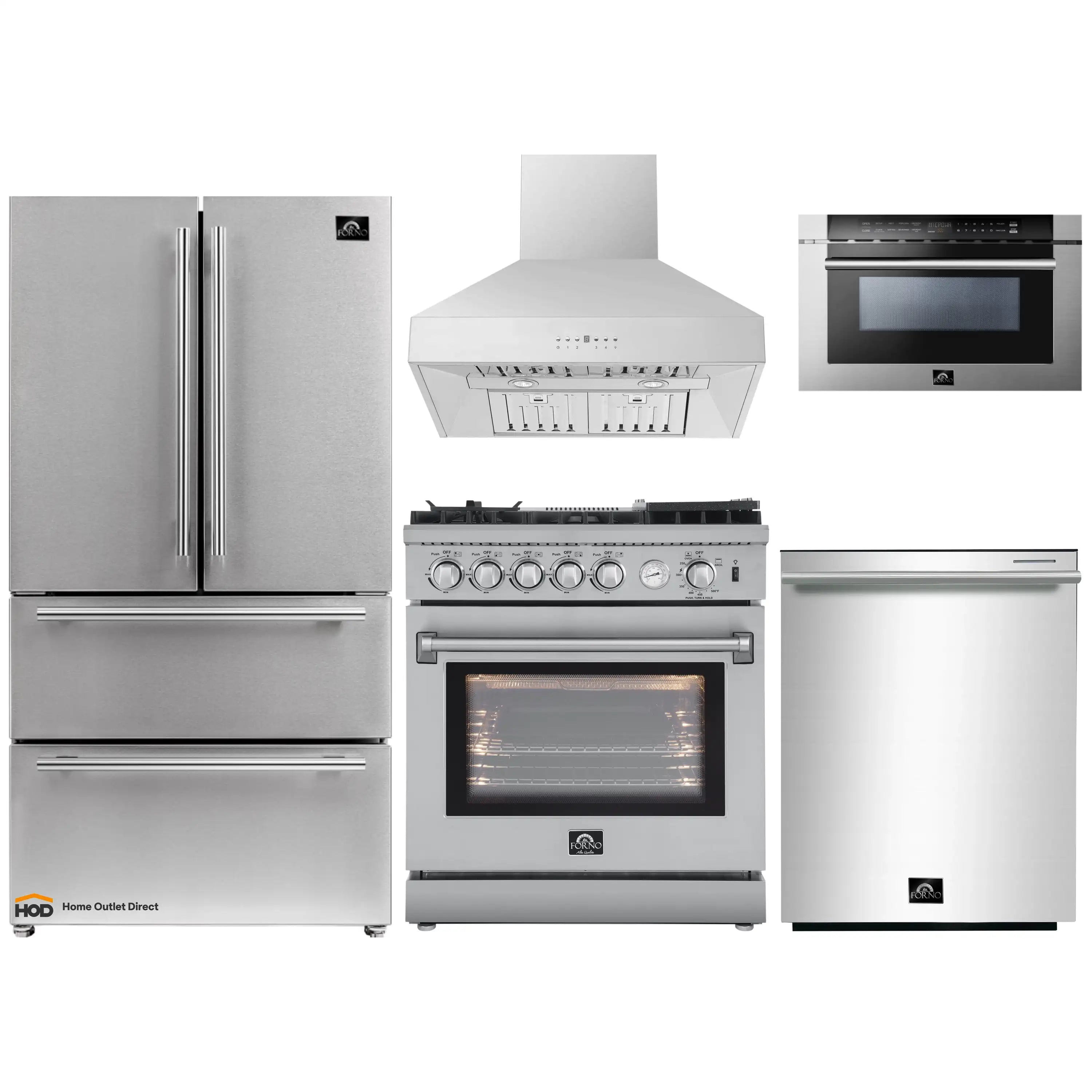 Stainless steel kitchen appliance set featuring refrigerator, gas range, hood, microwave, dishwasher