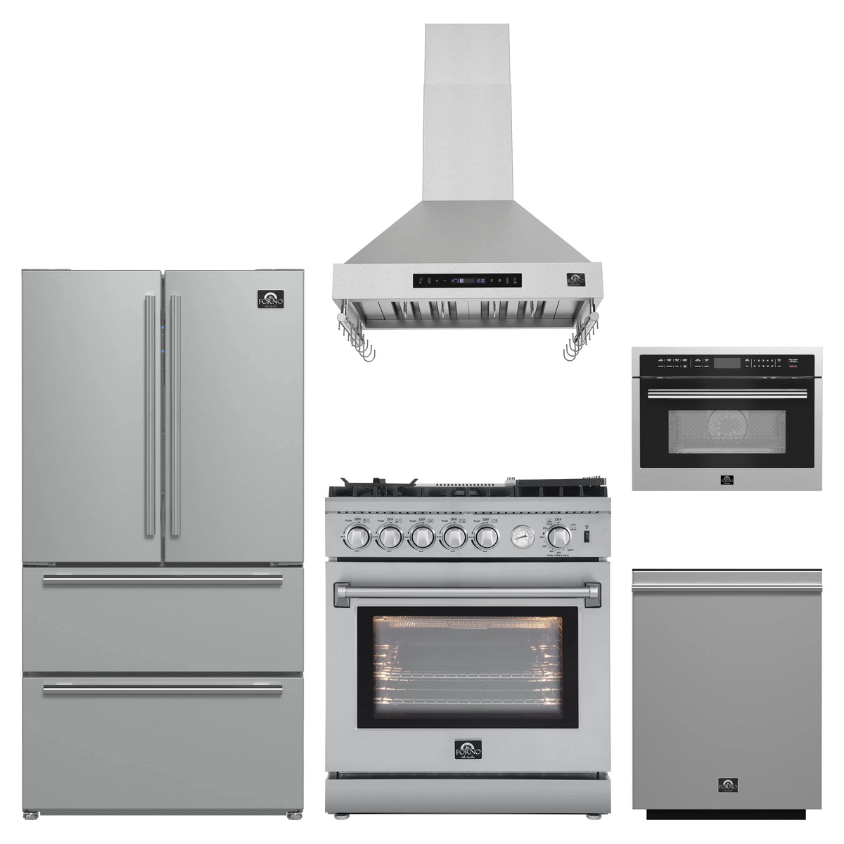 Forno 5-Piece Appliance Package - 30-Inch Gas Range with Air Fryer, Refrigerator, Wall Mount Hood, 24-Inch Microwave Oven, & 3-Rack Dishwasher in Stainless Steel