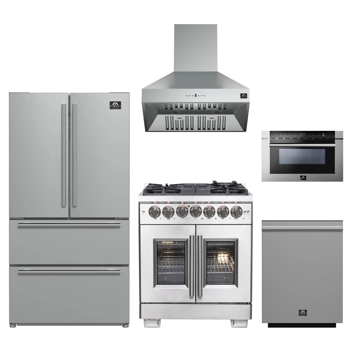 Forno 5-Piece Pro Appliance Package - 30-Inch Dual Fuel Range, Refrigerator, Wall Mount Hood, 24-Inch Microwave Drawer, & 3-Rack Dishwasher in Stainless Steel