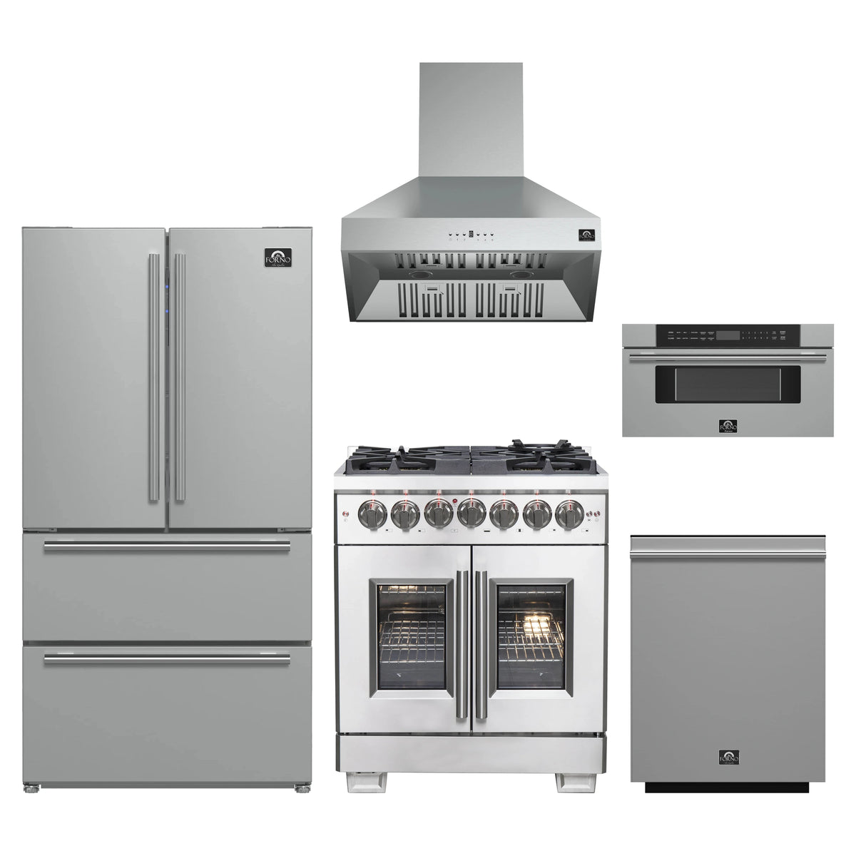 Forno 5-Piece Pro Appliance Package - 30-Inch Dual Fuel Range, Refrigerator, Wall Mount Hood, 30-Inch Microwave Drawer, & 3-Rack Dishwasher in Stainless Steel