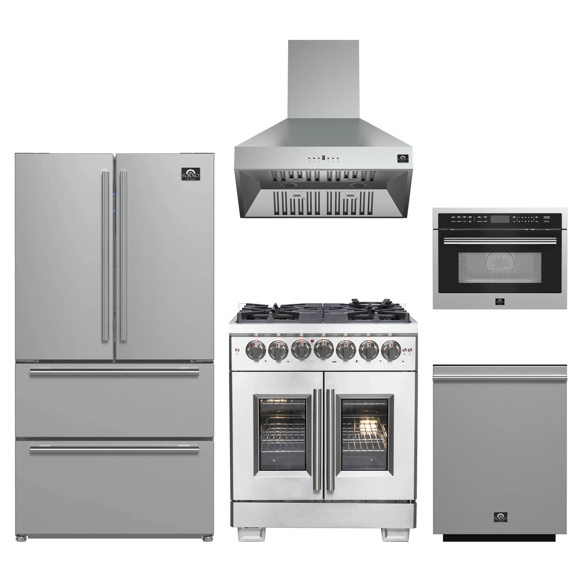 Forno 5-Piece Pro Appliance Package - 30-Inch Dual Fuel Range, 36-Inch Refrigerator, Wall Mount Hood, 24-Inch Microwave Oven, & 3-Rack Dishwasher in Stainless Steel