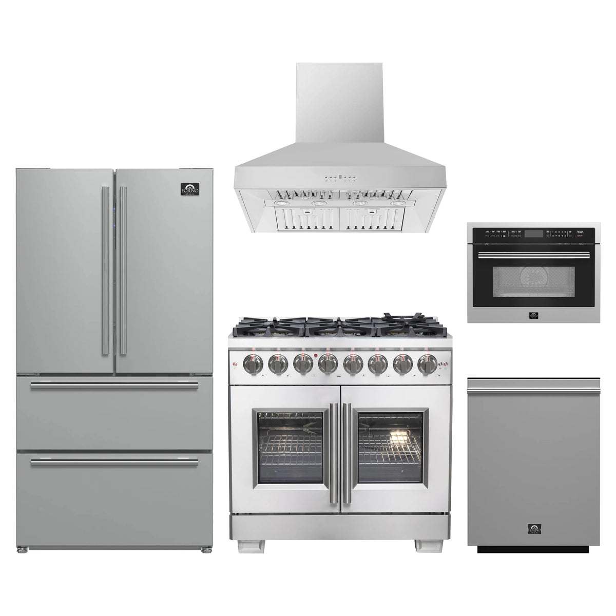 Forno 5-Piece Pro Appliance Package - 36-Inch Dual Fuel Range, Refrigerator, Wall Mount Hood, 24-Inch Microwave Oven, & 3-Rack Dishwasher in Stainless Steel