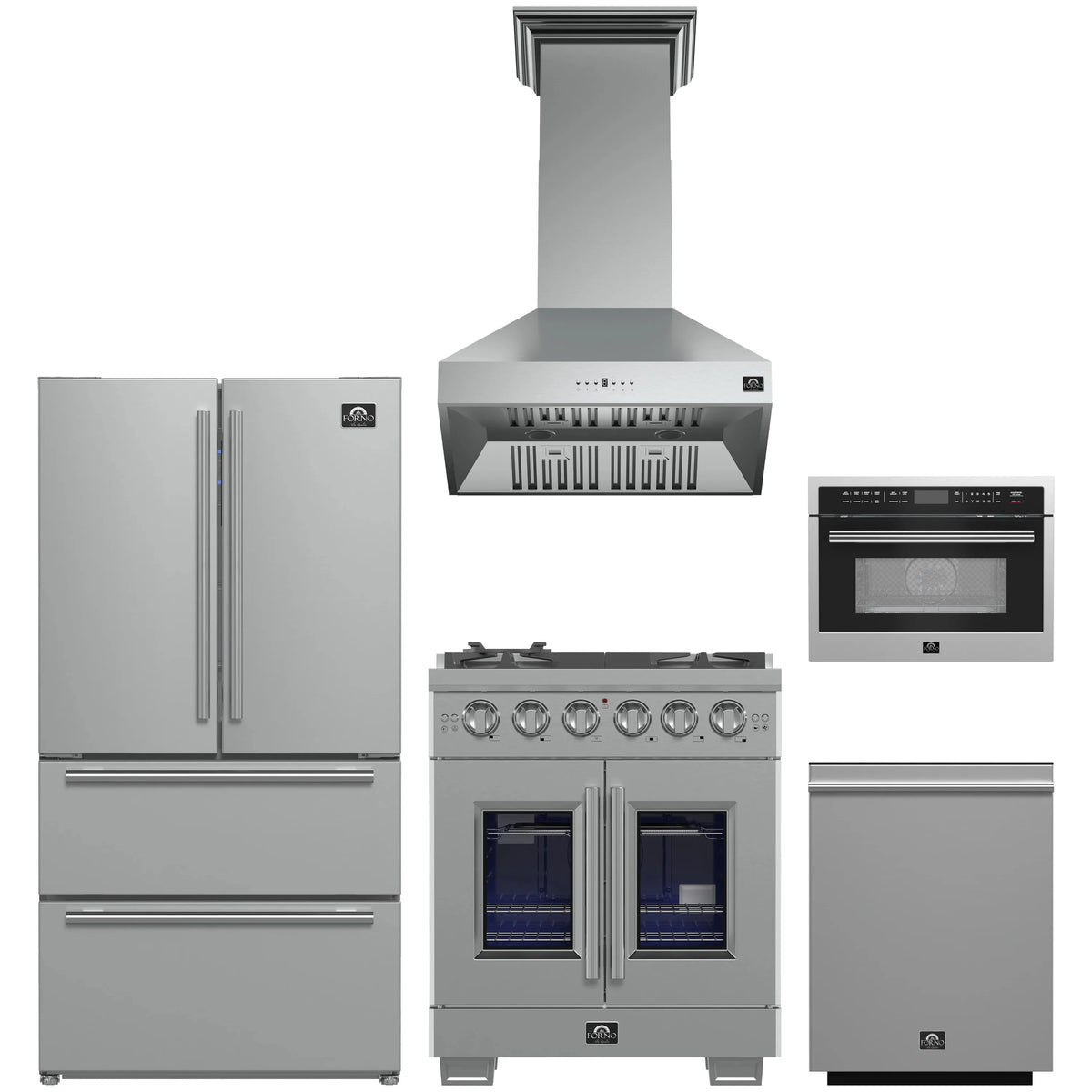 Forno 5-Piece Pro Appliance Package - 30-Inch Gas Range, 36-Inch Refrigerator, Wall Mount Hood, 24-Inch Microwave Oven, & 3-Rack Dishwasher in Stainless Steel