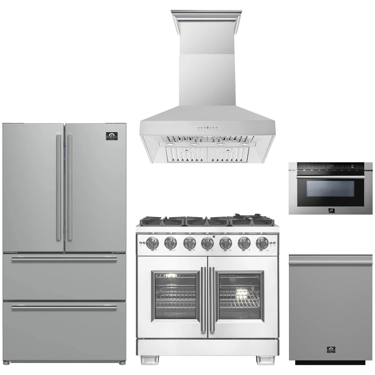 Forno 5-Piece Pro Appliance Package - 36-Inch Gas Range, Refrigerator, Wall Mount Hood, 24-Inch Microwave Drawer, & 3-Rack Dishwasher in Stainless Steel
