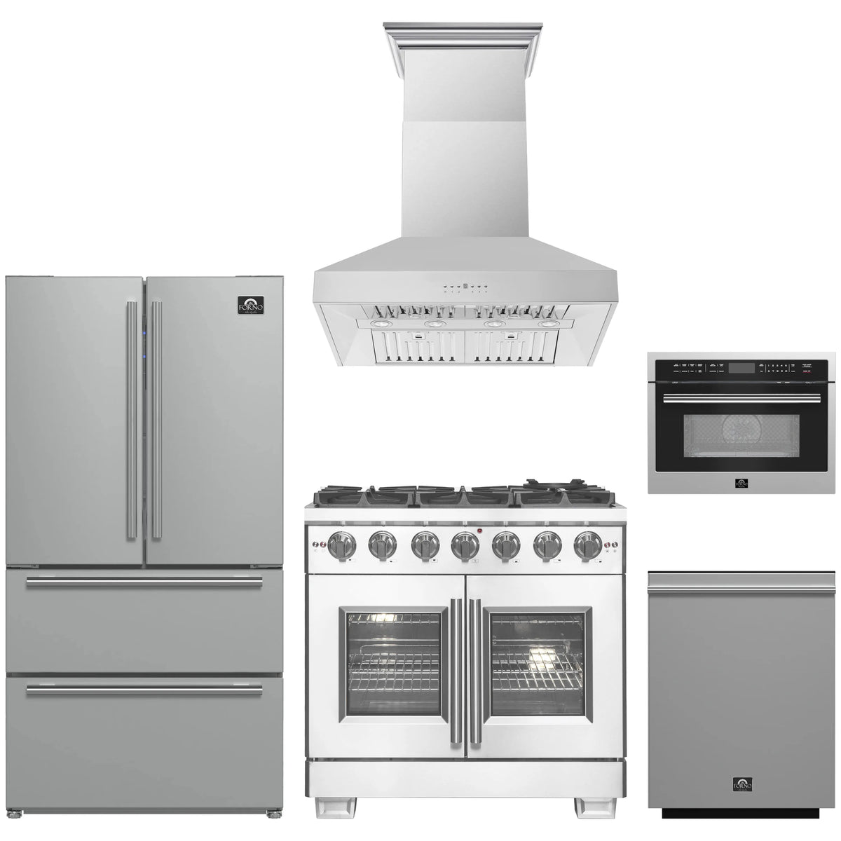 Forno 5-Piece Pro Appliance Package - 36-Inch Gas Range, Refrigerator, Wall Mount Hood, 24-Inch Microwave Oven, & 3-Rack Dishwasher in Stainless Steel