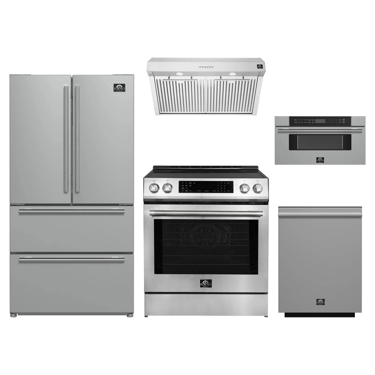 Forno 5-Piece Appliance Package - 30-Inch Induction Range, Under Cabinet Range Hood, French Door Refrigerator, Dishwasher, and 30-Inch Microwave Drawer in Stainless Steel