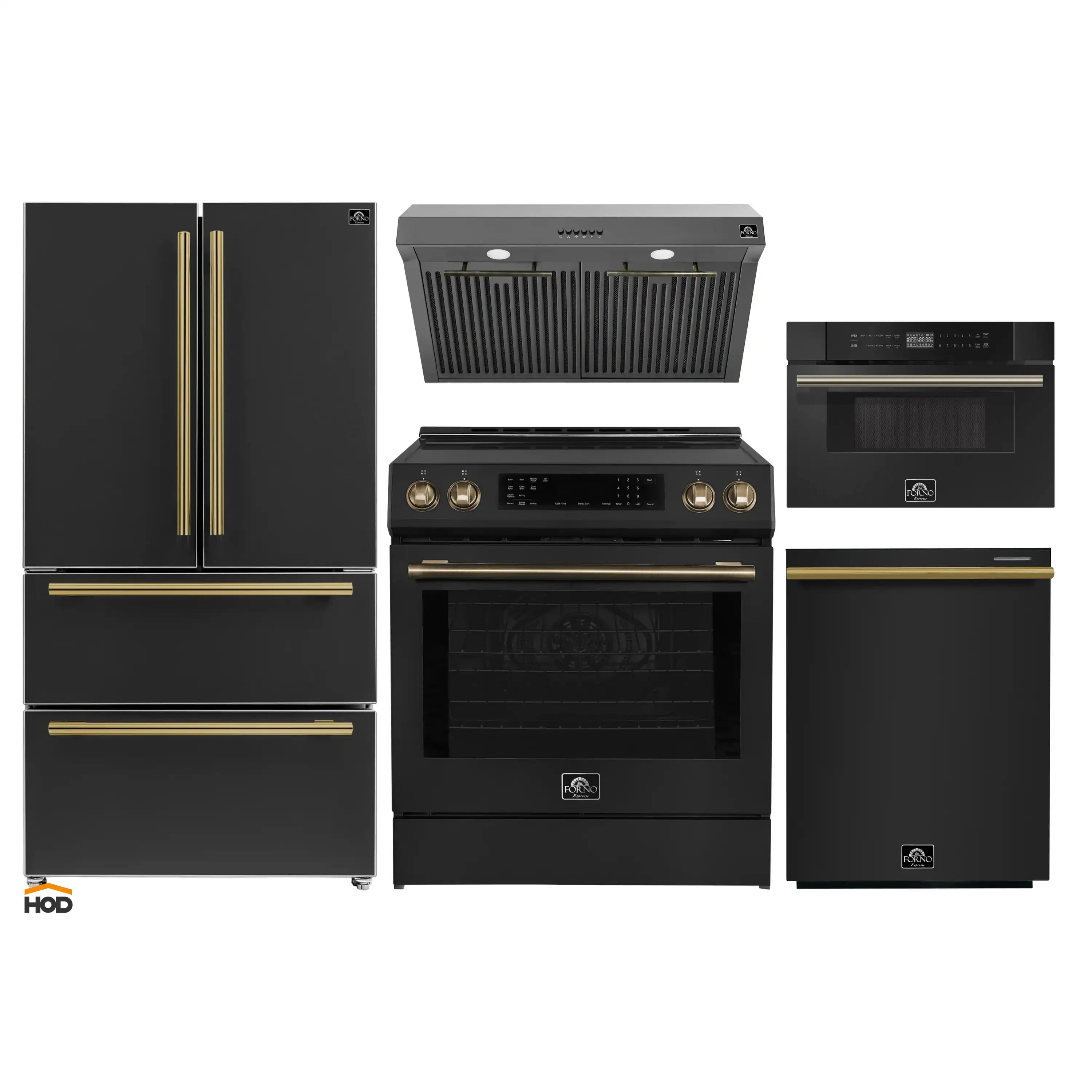Black appliance package with refrigerator, range, hood, dishwasher, and microwave