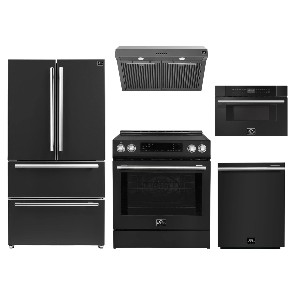 Forno 5-Piece Appliance Package - 30-Inch Induction Range, Under Cabinet Range Hood, French Door Refrigerator, Dishwasher, and 30-Inch Microwave Drawer in Black with Stainless Steel Trim