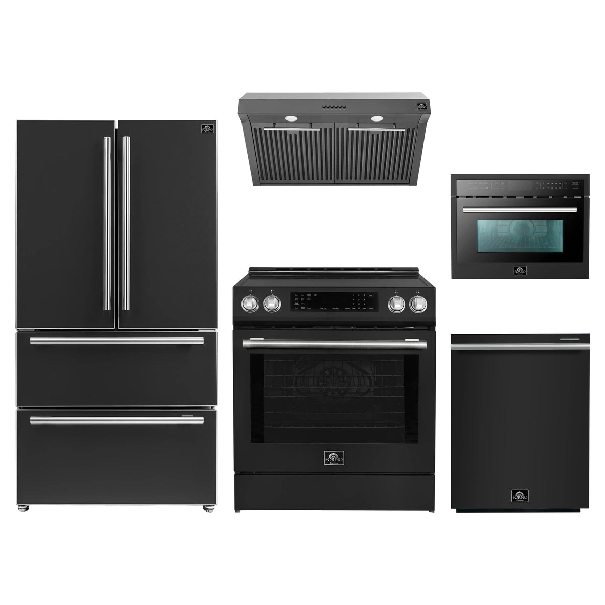 Forno 5-Piece Appliance Package - 30-Inch Induction Range, Under Cabinet Range Hood, Refrigerator, Dishwasher, and 24-Inch Microwave Oven in Black with Stainless Steel Trim