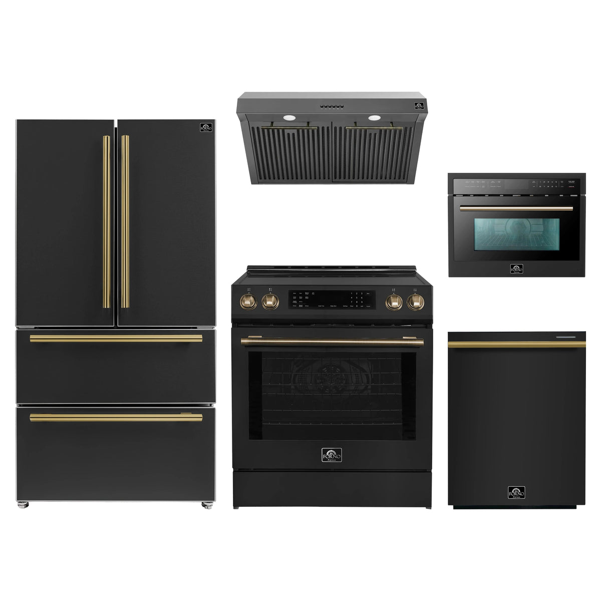 Forno 5-Piece Appliance Package - 30-Inch Induction Range, Under Cabinet Range Hood, Refrigerator, Dishwasher, and 24-Inch Microwave Oven in Black with Antique Brass Trim