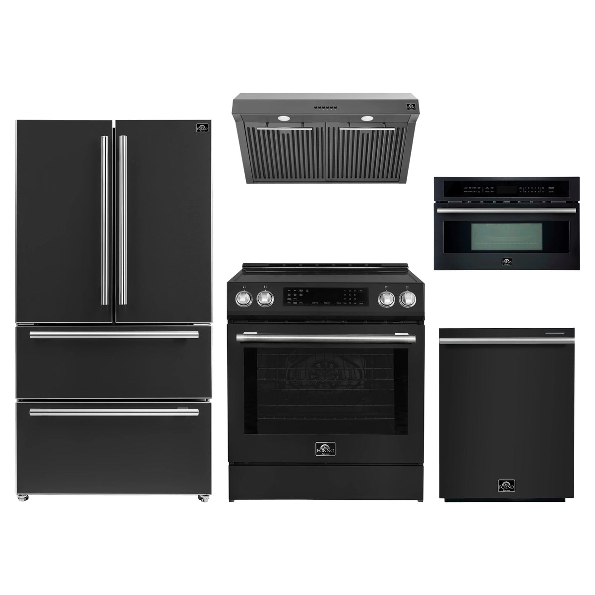 Forno 5-Piece Appliance Package - 30-Inch Induction Range, Under Cabinet Range Hood, Refrigerator, Dishwasher, and 30-Inch Microwave Oven in Black with Stainless Steel Trim