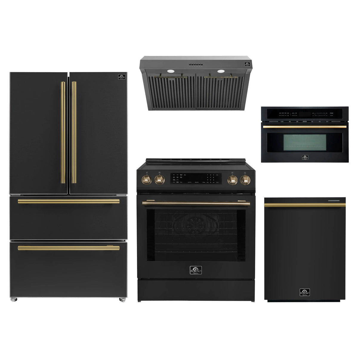 Forno 5-Piece Appliance Package - 30-Inch Induction Range, Under Cabinet Range Hood, Refrigerator, Dishwasher, and 30-Inch Microwave Oven in Black with Antique Brass Trim