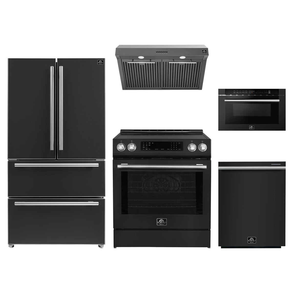 Forno 5-Piece Appliance Package - 30-Inch Induction Range, Under Cabinet Range Hood, Refrigerator, Dishwasher, and 24-Inch Microwave Drawer in Black with Stainless Steel Trim