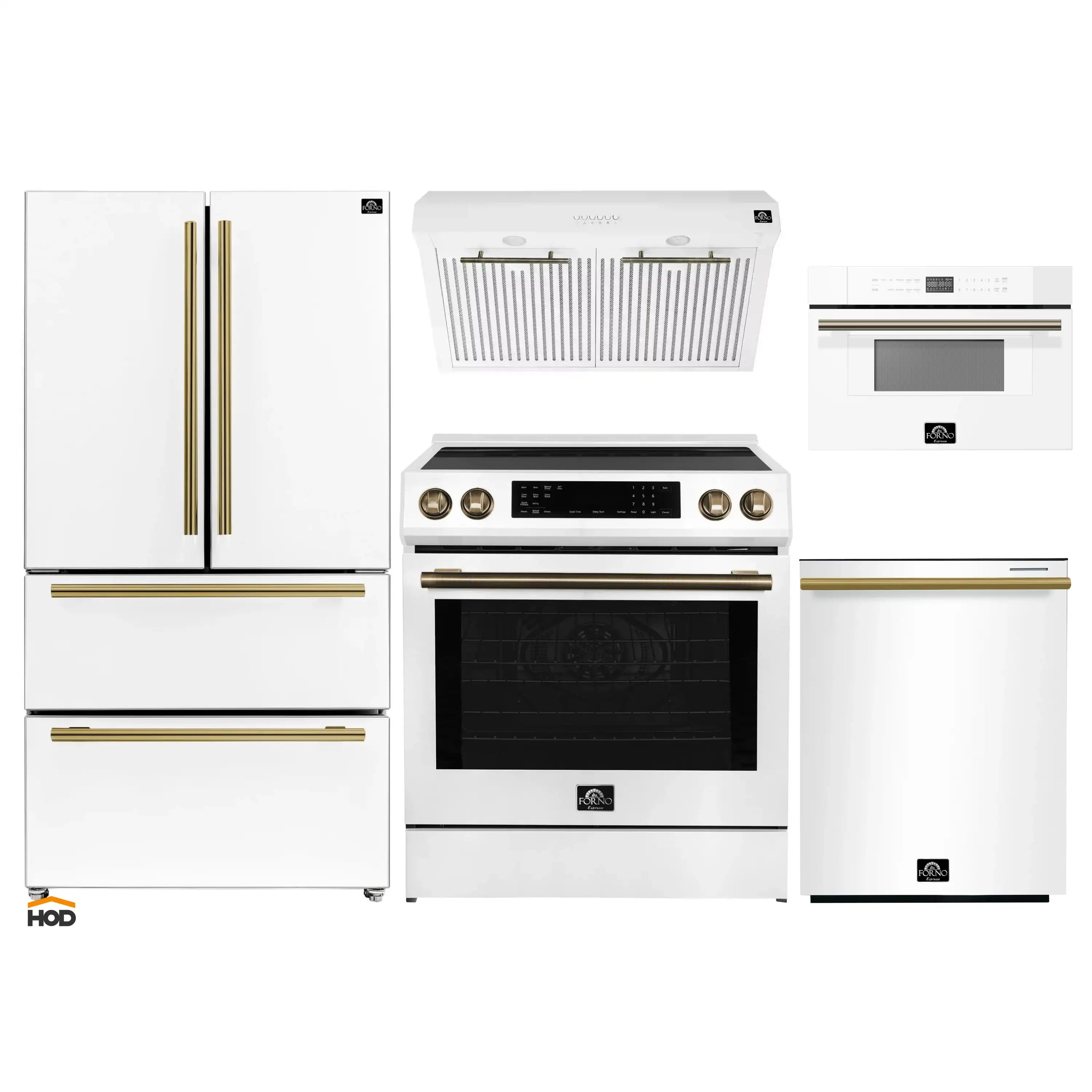 White kitchen appliance set with French-door refrigerator, oven range, microwave, and dishwasher