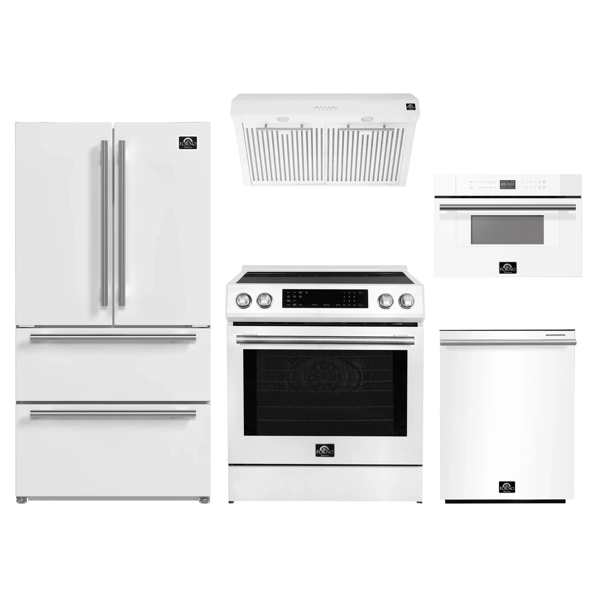 Forno 5-Piece Appliance Package - 30-Inch Induction Range, Under Cabinet Range Hood, French Door Refrigerator, Dishwasher, and 30-Inch Microwave Drawer in White with Stainless Steel Trim