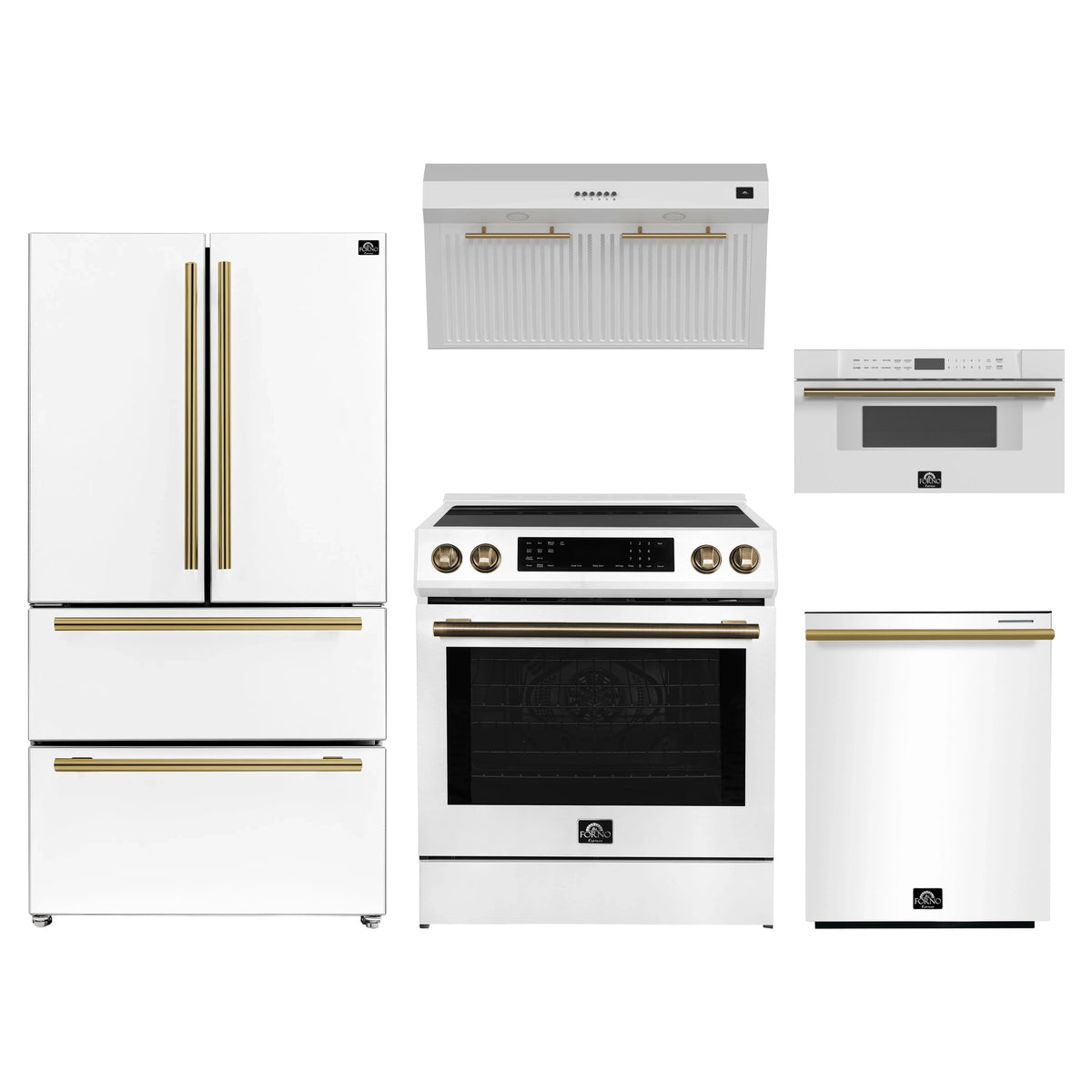 Forno 5-Piece Appliance Package - 30-Inch Induction Range, Under Cabinet Range Hood, French Door Refrigerator, Dishwasher, and 30-Inch Microwave Drawer in White with Antique Brass Trim