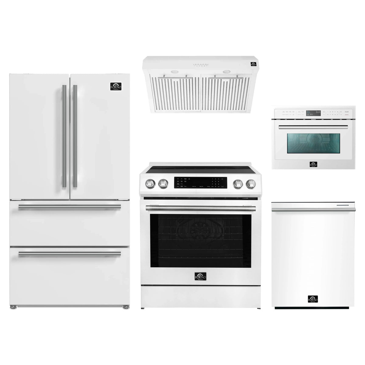 Forno 5-Piece Appliance Package - 30-Inch Induction Range, Under Cabinet Range Hood, Refrigerator, Dishwasher, and 24-Inch Microwave Oven in White with Stainless Steel Trim