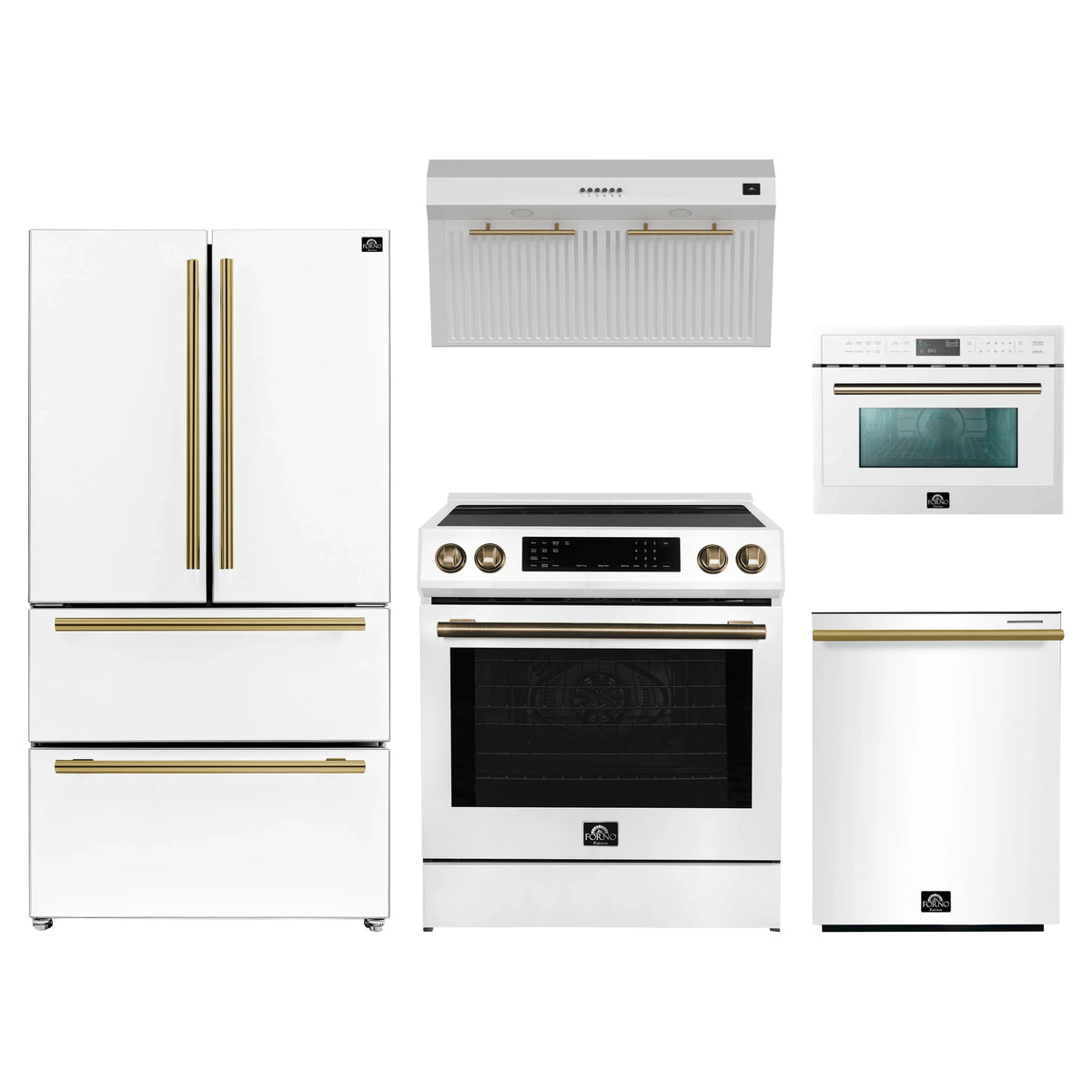 Forno 5-Piece Appliance Package - 30-Inch Induction Range, Under Cabinet Range Hood, Refrigerator, Dishwasher, and 24-Inch Microwave Oven in White with Antique Brass Trim