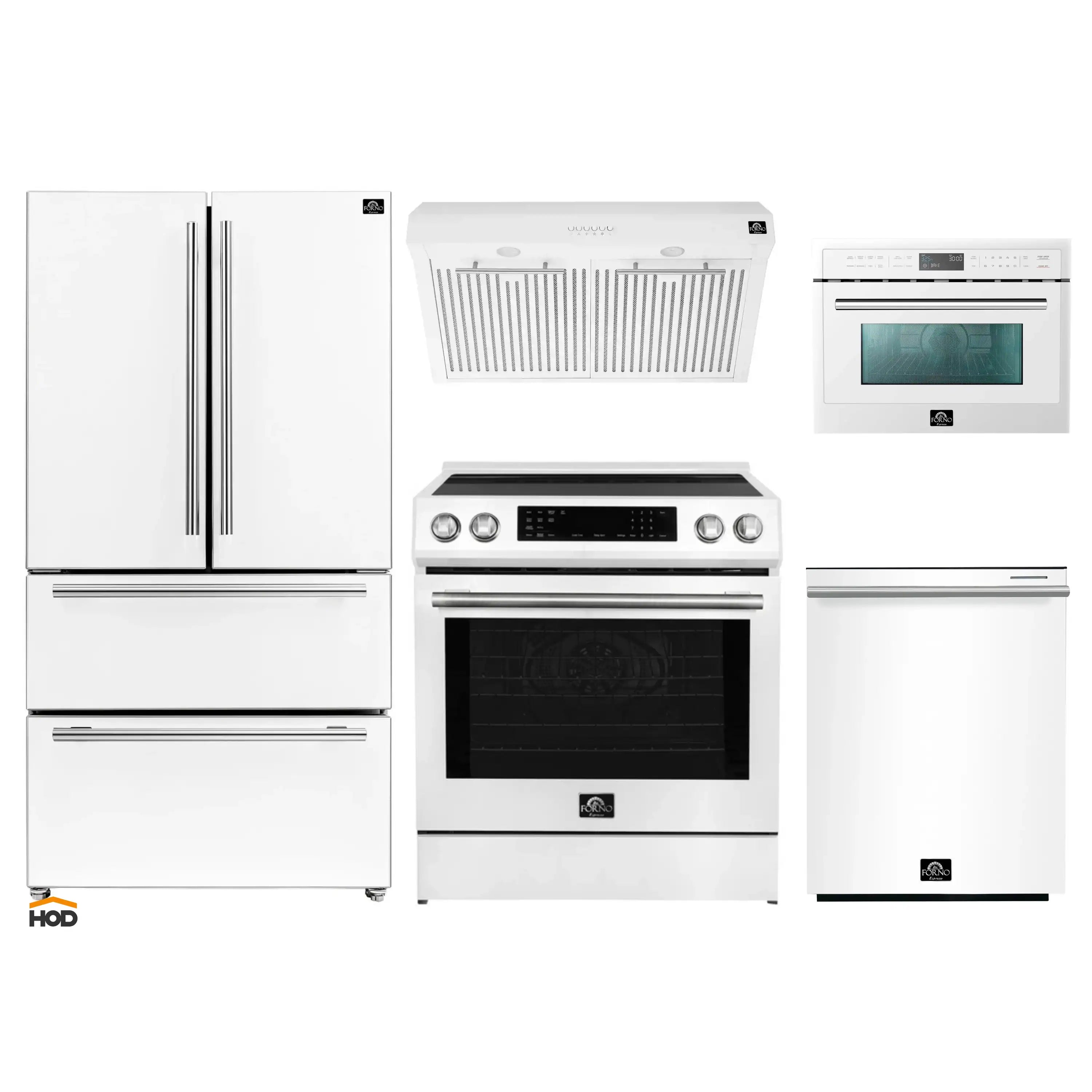 Front view of white 5-piece appliance package with stainless trim: range, refrigerator, microwave, dishwasher, hood