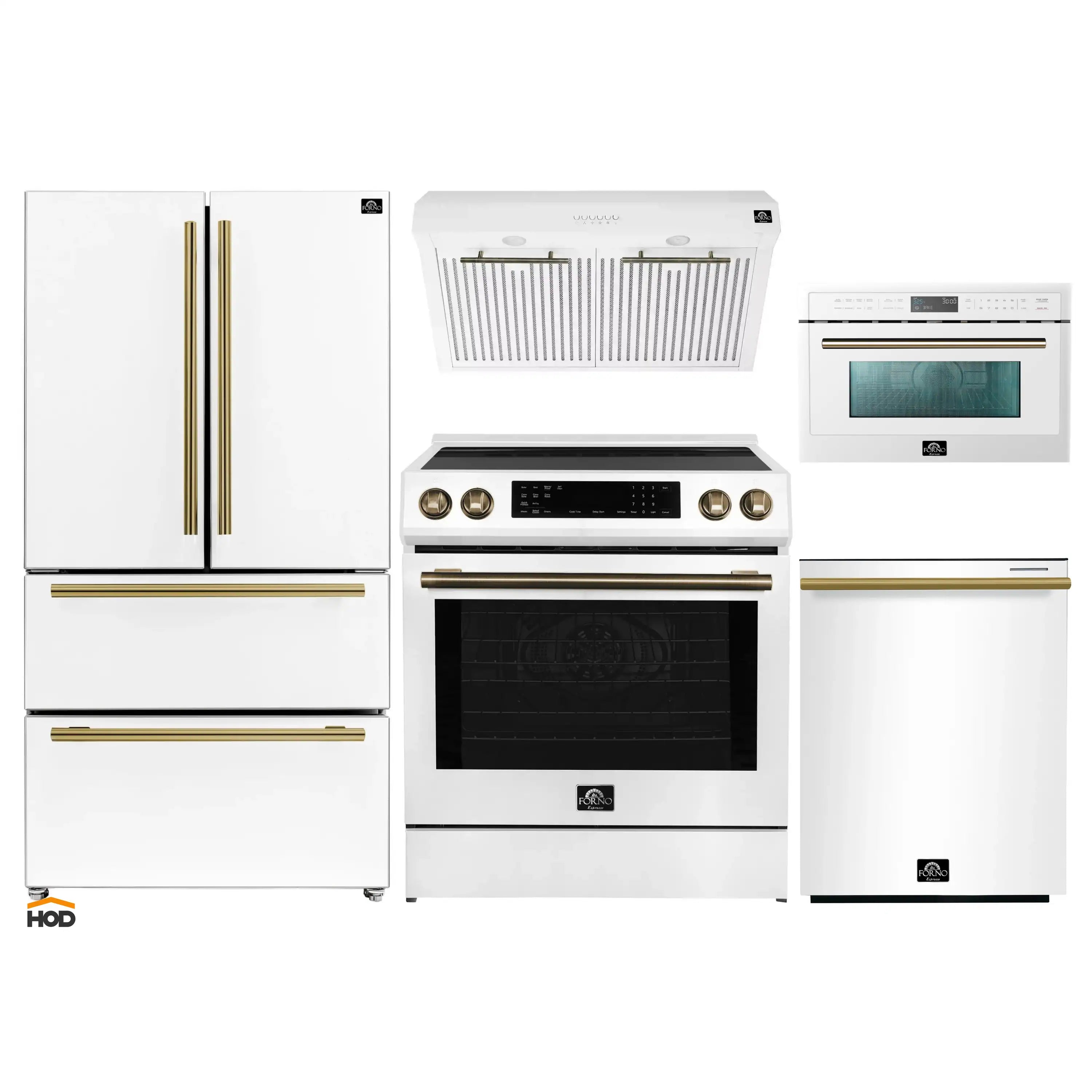 White Forno appliance package set with refrigerator, range hood, induction range, microwave