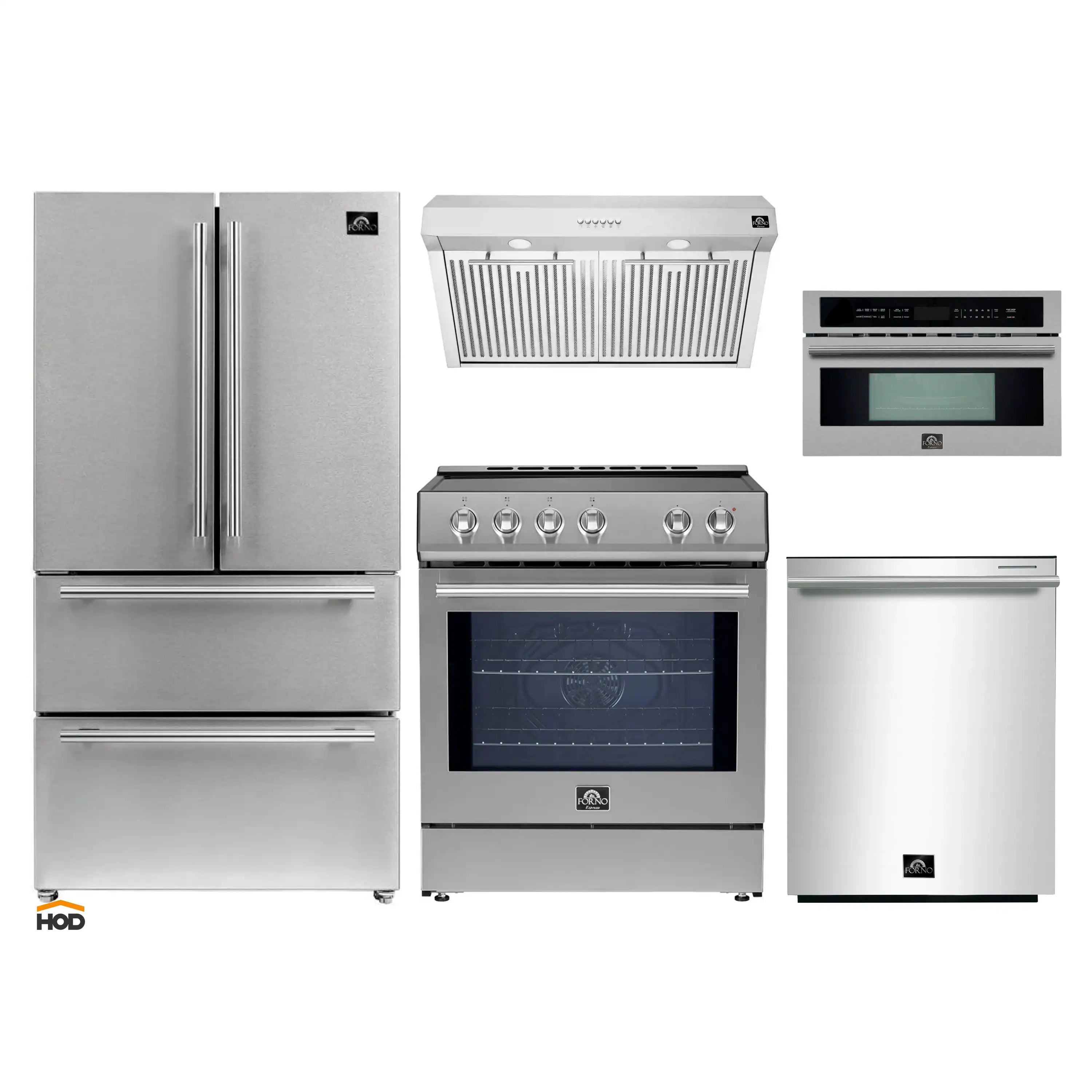 Stainless steel 30-inch range, hood, microwave, and refrigerator and dishwasher set