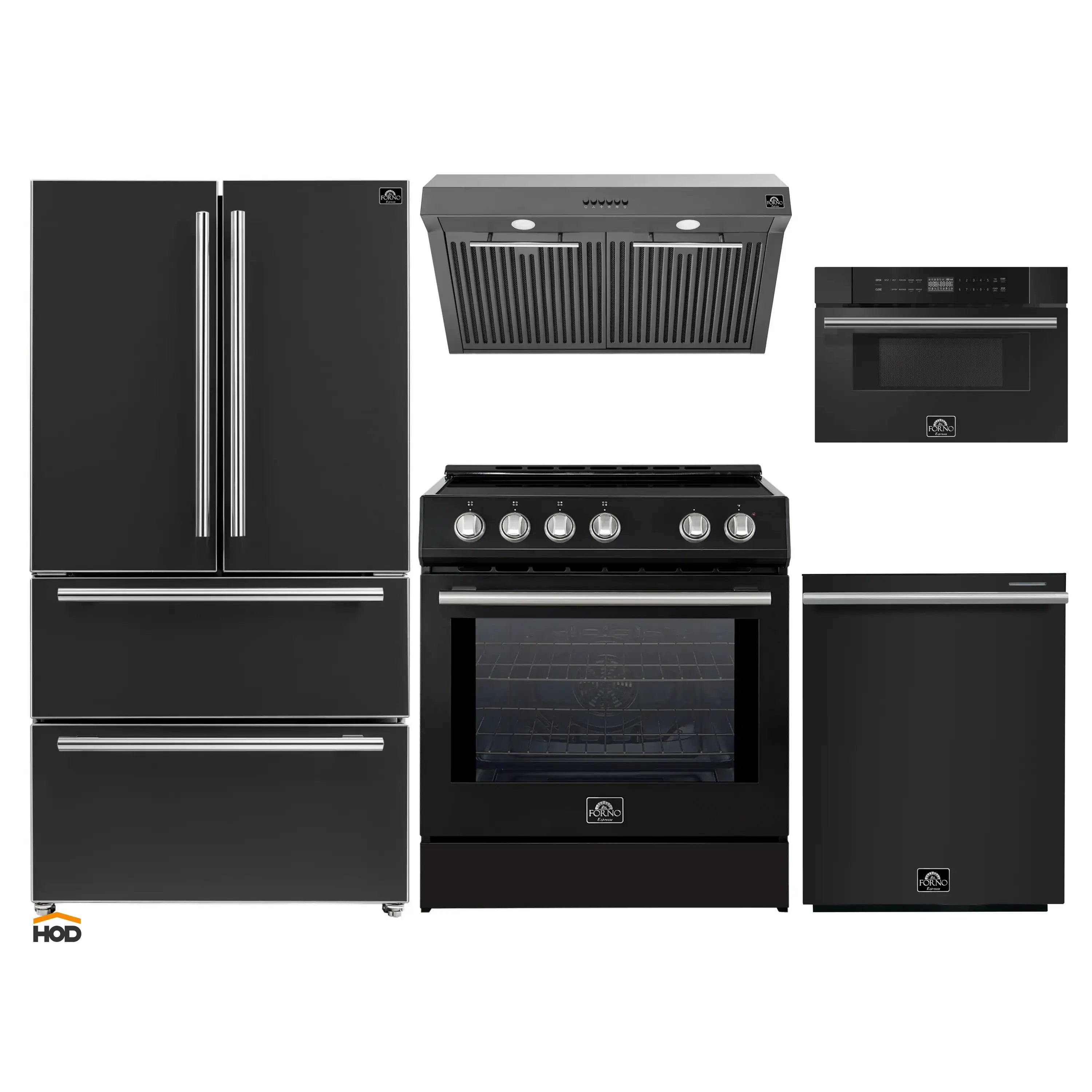 Black appliance package set with stainless accents: refrigerator, range, hood, and microwave