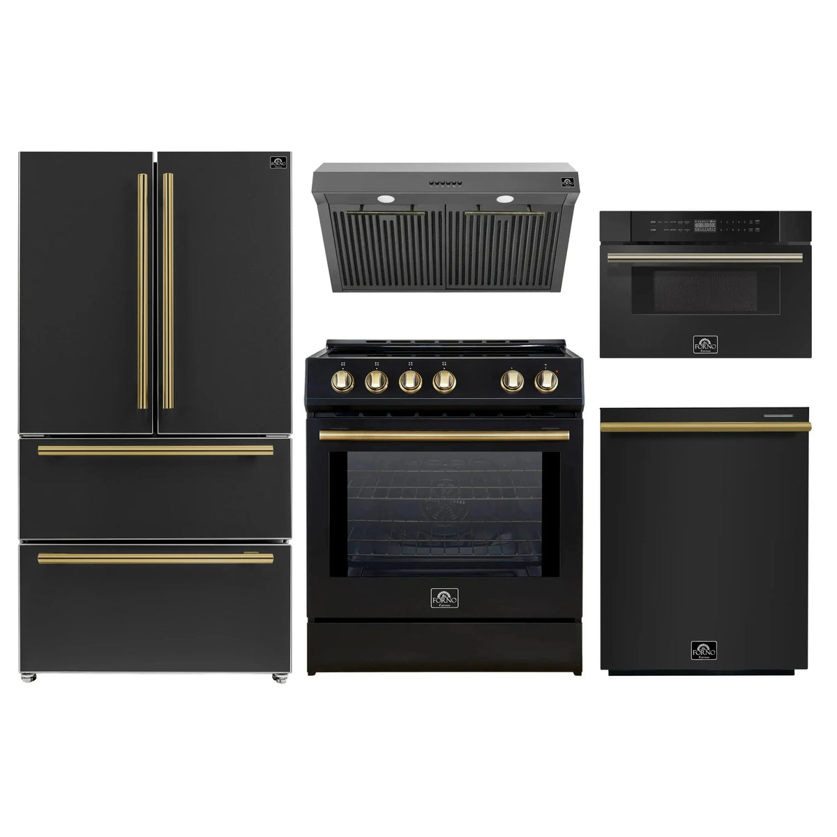 Forno 5-Piece Appliance Package - 30-Inch Induction Range, Under Cabinet Range Hood, French Door Refrigerator, Dishwasher, and 30-Inch Microwave Drawer in Black with Antique Brass Trim