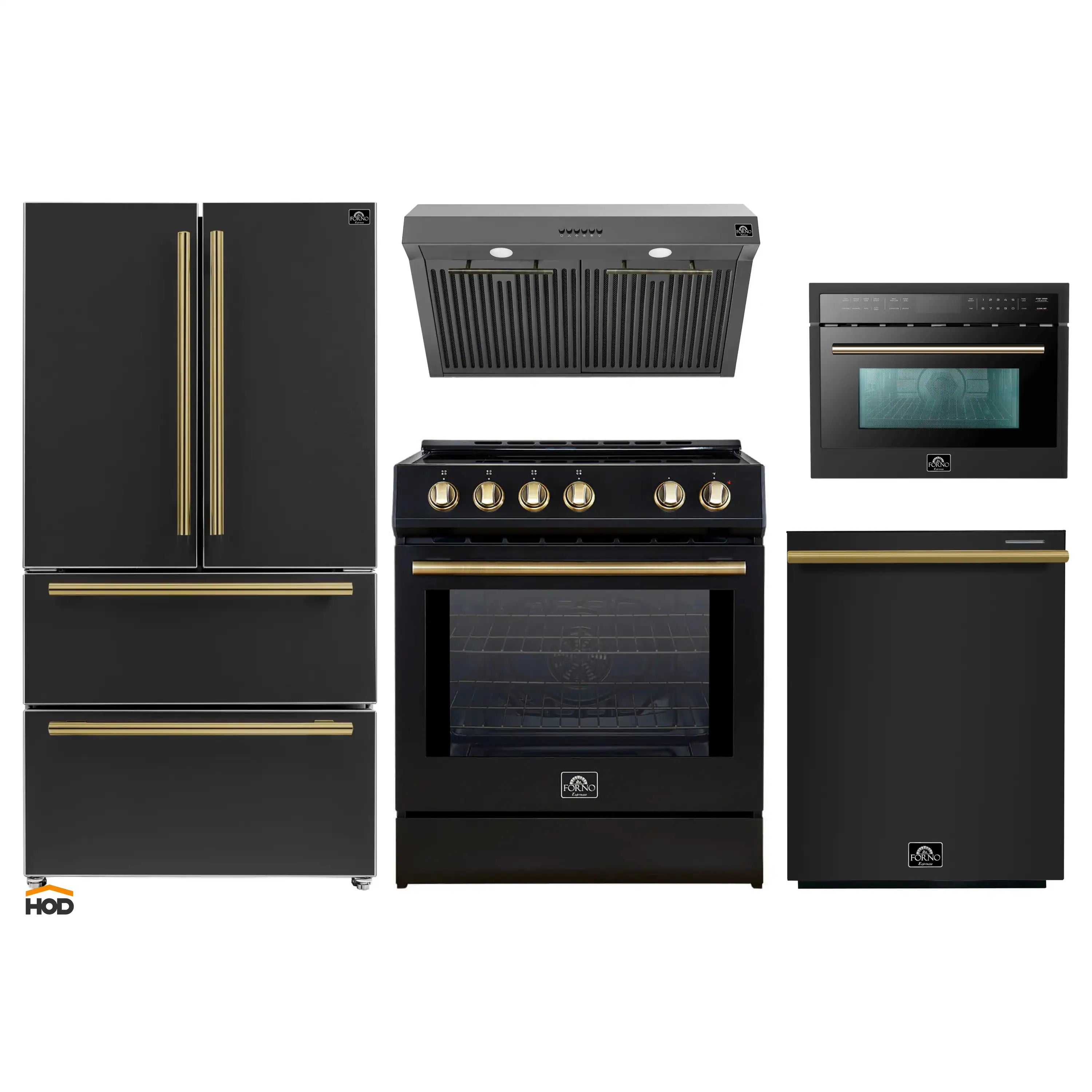 Black appliance package with refrigerator, oven range, microwave, dishwasher and hood