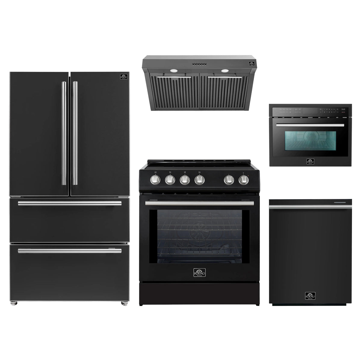 Forno 5-Piece Appliance Package - 30-Inch Induction Range, Under Cabinet Range Hood, Refrigerator, Dishwasher, and 24-Inch Microwave Oven in Black with Stainless Steel Trim