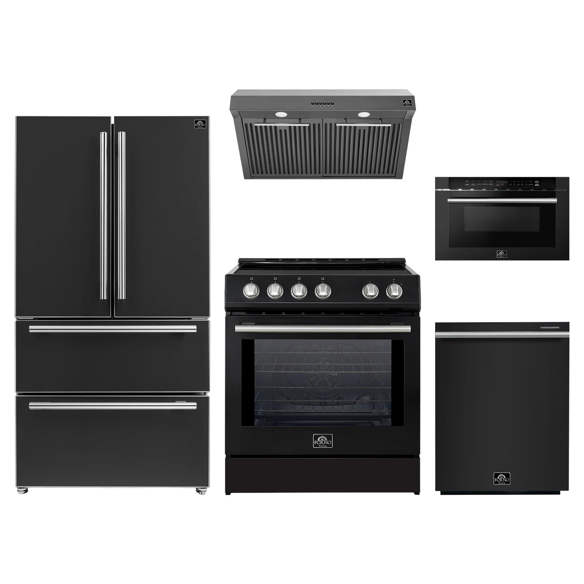 Forno 5-Piece Appliance Package - 30-Inch Induction Range, Under Cabinet Range Hood, French Door Refrigerator, Dishwasher, and Microwave Drawer in Black with Stainless Steel Trim