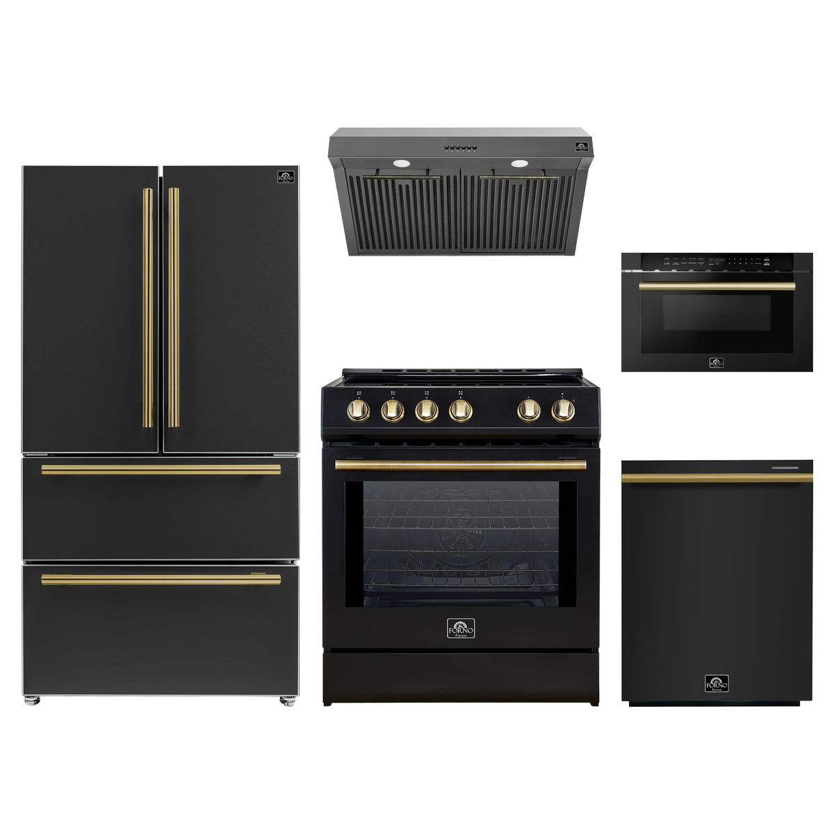 Forno 5-Piece Appliance Package - 30-Inch Induction Range, Under Cabinet Range Hood, French Door Refrigerator, Dishwasher, and Microwave Drawer in Black with Antique Brass Trim