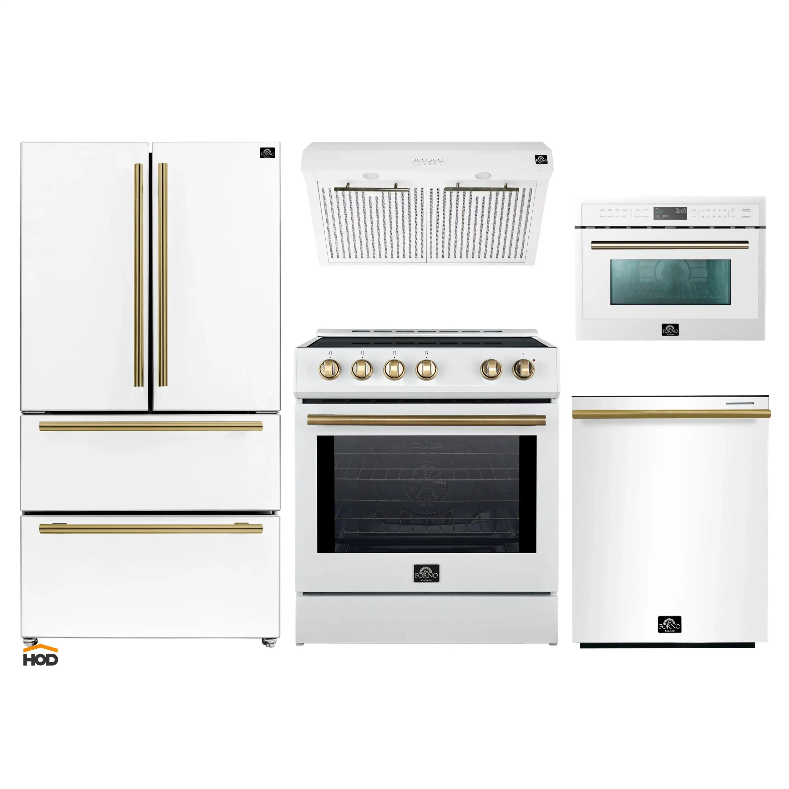 White kitchen appliance set featuring refrigerator, range, and microwave with brass accents