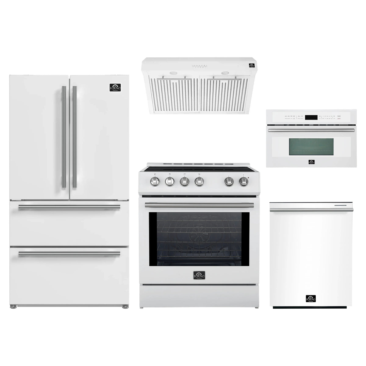 Forno 5-Piece Appliance Package - 30-Inch Induction Range, Under Cabinet Range Hood, Refrigerator, Dishwasher, and 30-Inch Microwave Oven in White with Stainless Steel Trim
