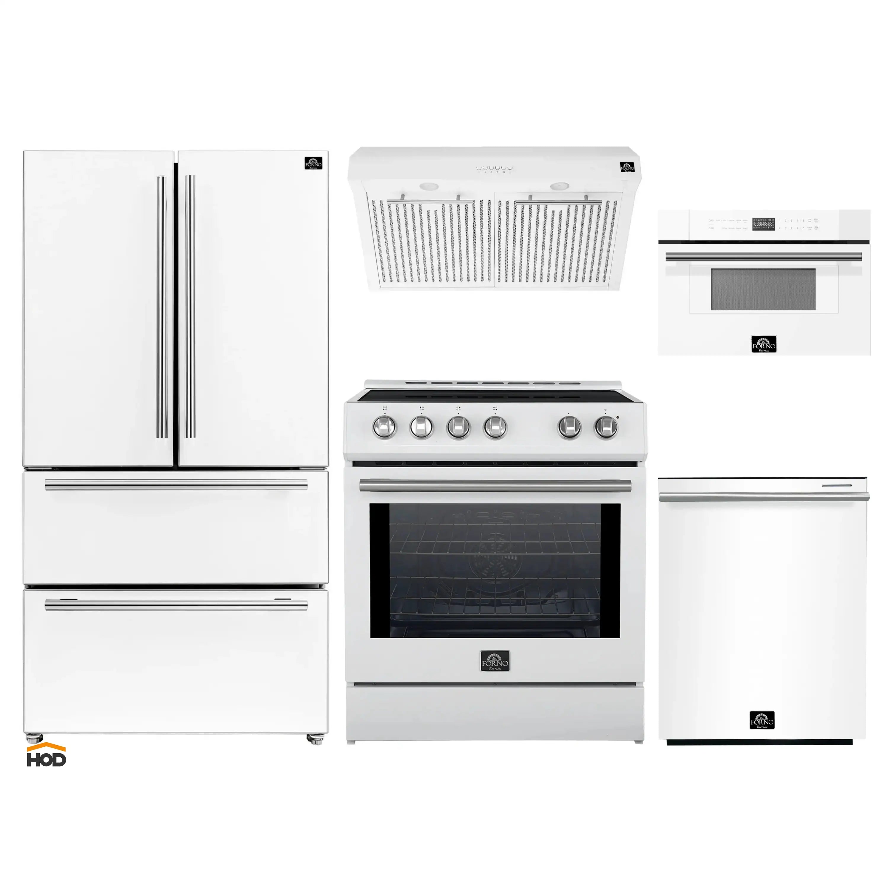 White stainless-trim 5-piece appliance package: refrigerator, range, hood, microwave