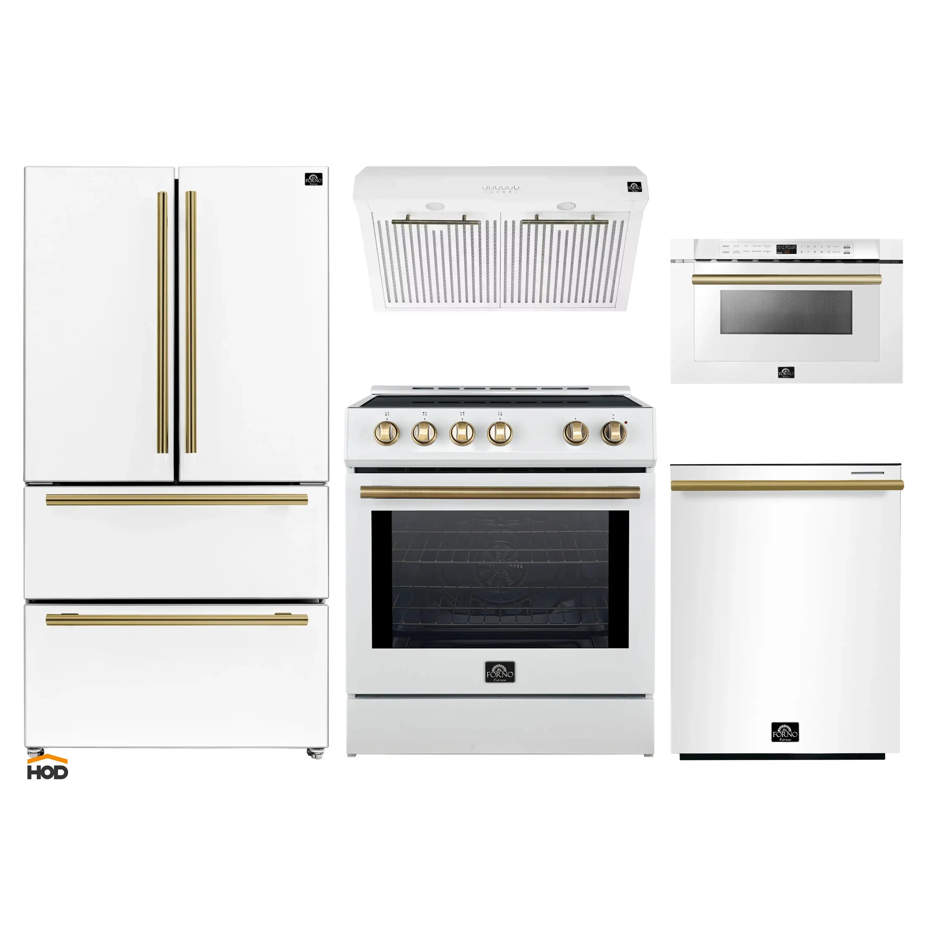White appliance set: refrigerator, range, hood, and dishwasher with brass trim
