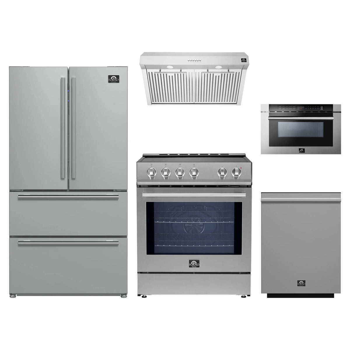 Forno 5-Piece Appliance Package - 30-Inch Induction Range, Under Cabinet Range Hood, French Door Refrigerator, Dishwasher, and Microwave Drawer in Stainless Steel