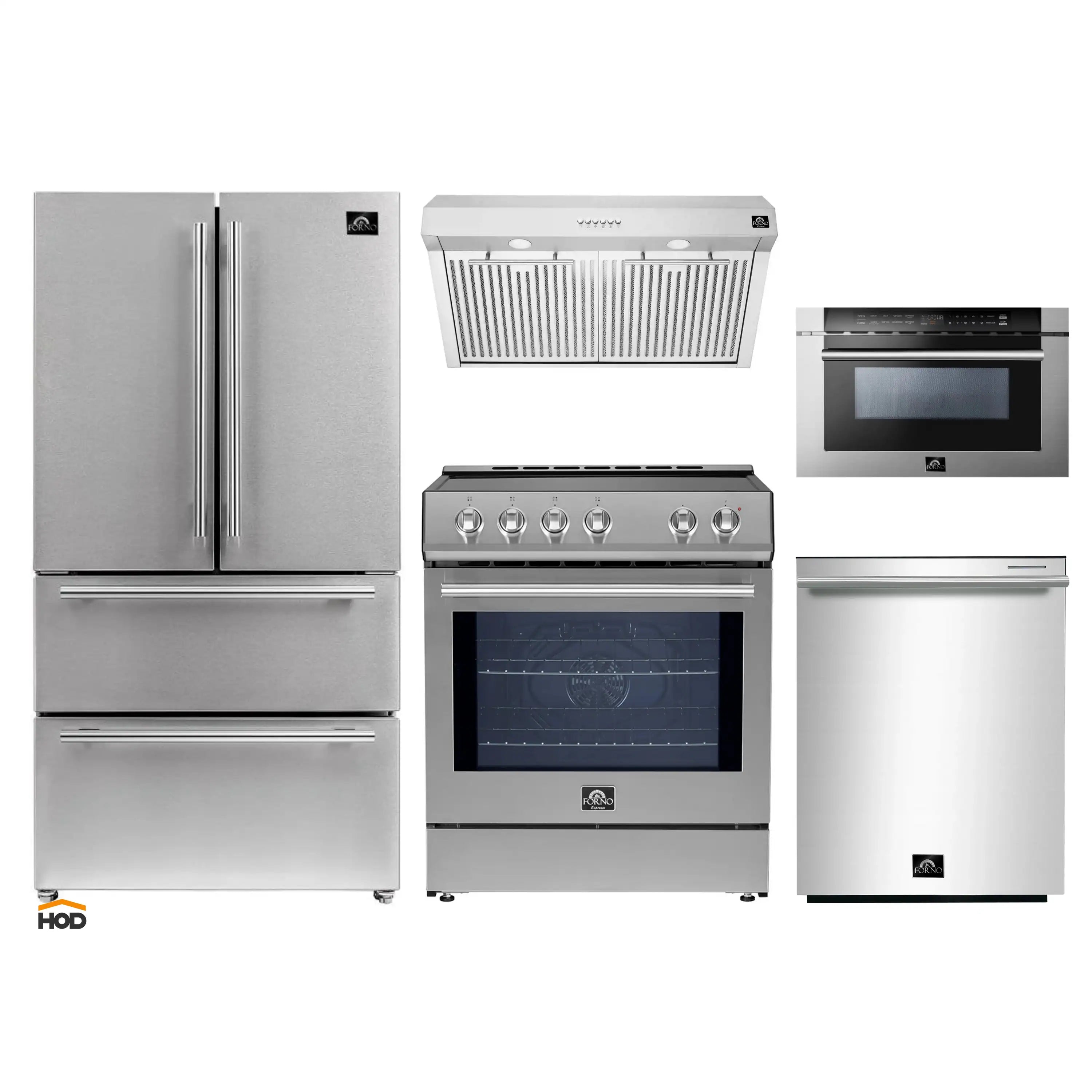 Stainless steel appliance package: French door refrigerator, range, hood, dishwasher, microwave