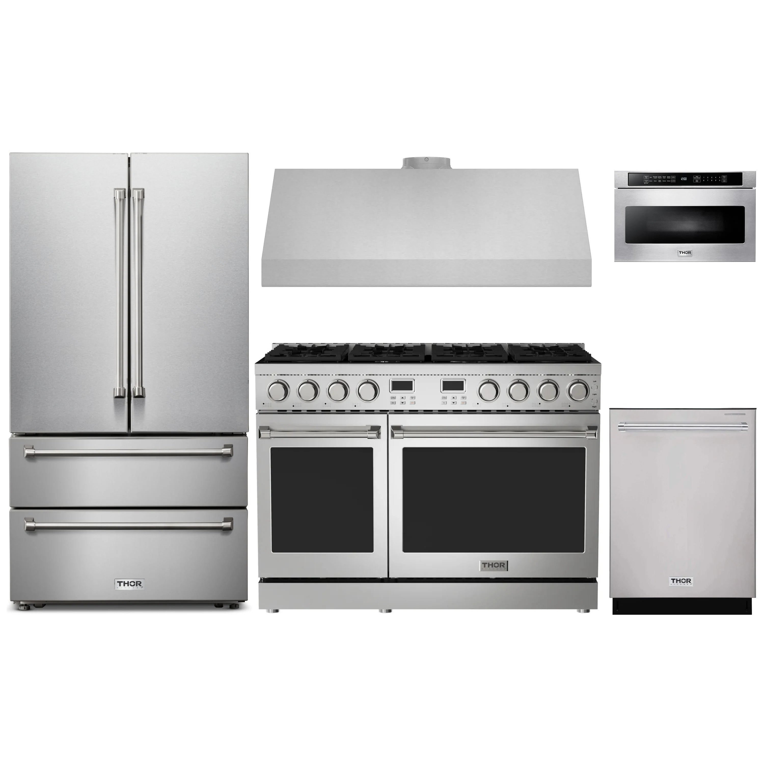 Stainless steel 5-piece kitchen appliance package: refrigerator, range, hood, microwave, dishwasher