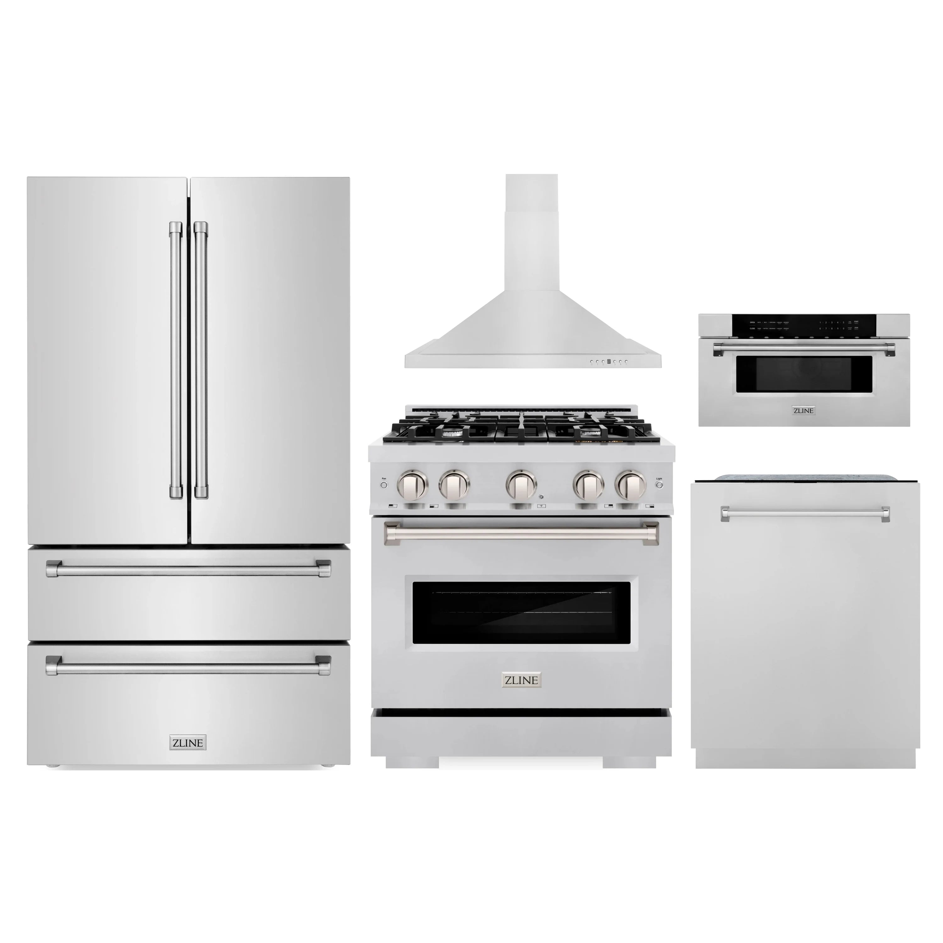 Stainless steel appliance set: French door refrigerator, dual fuel range, hood, dishwasher
