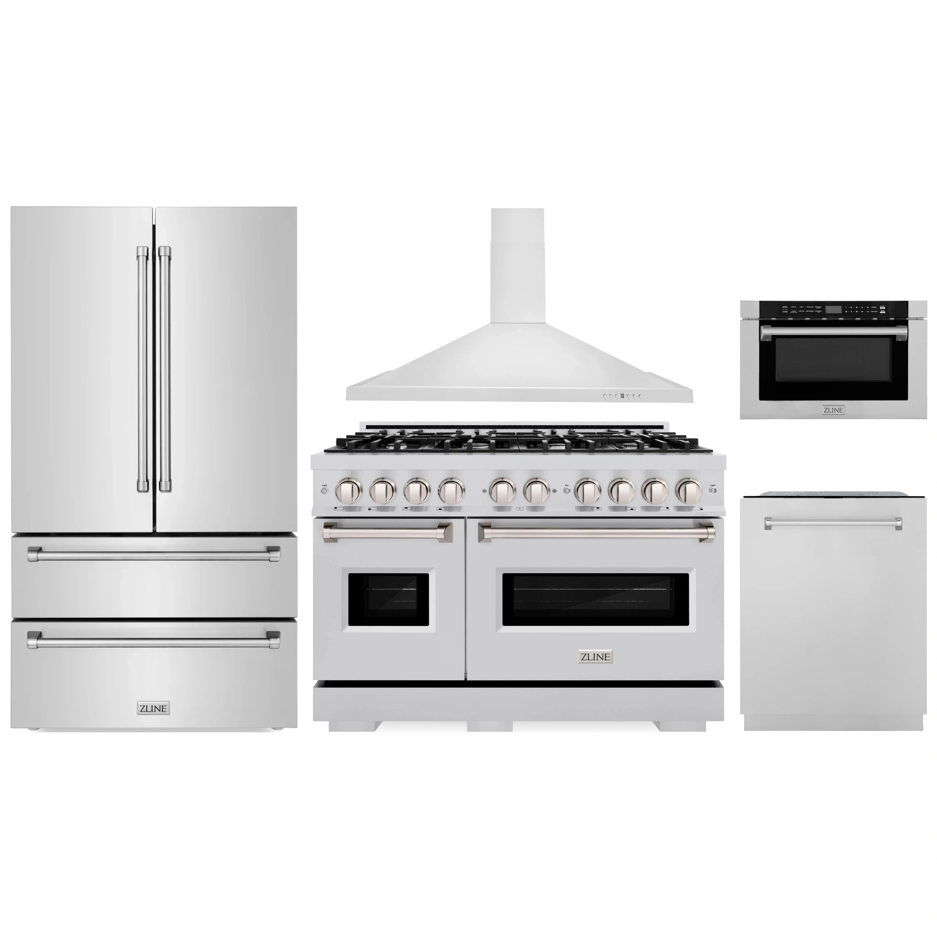 Stainless appliance package featuring range, hood, refrigerator, dishwasher, and drawer microwave