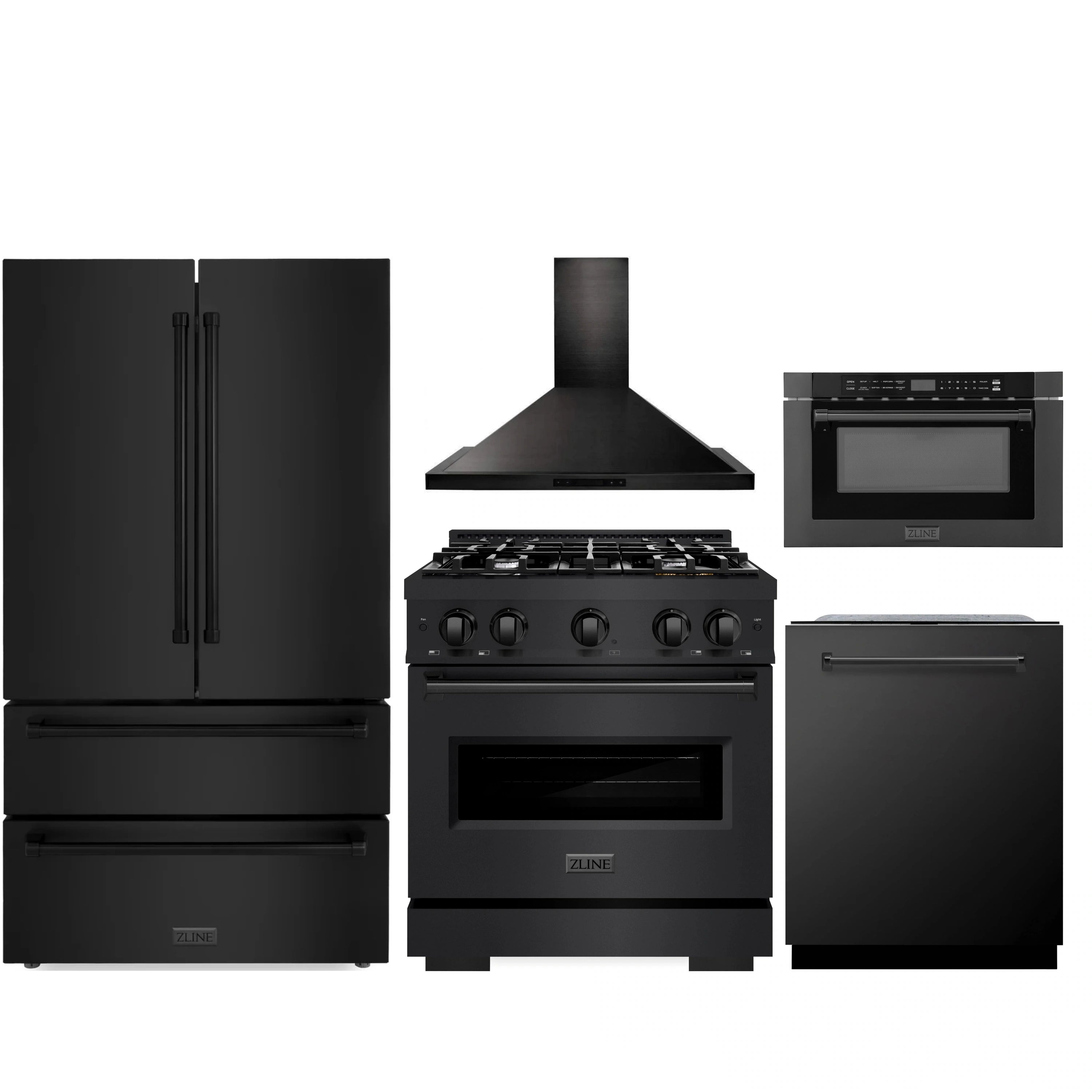 ZLINE black stainless 5-piece kitchen appliance set: refrigerator, range, hood, oven, microwave.